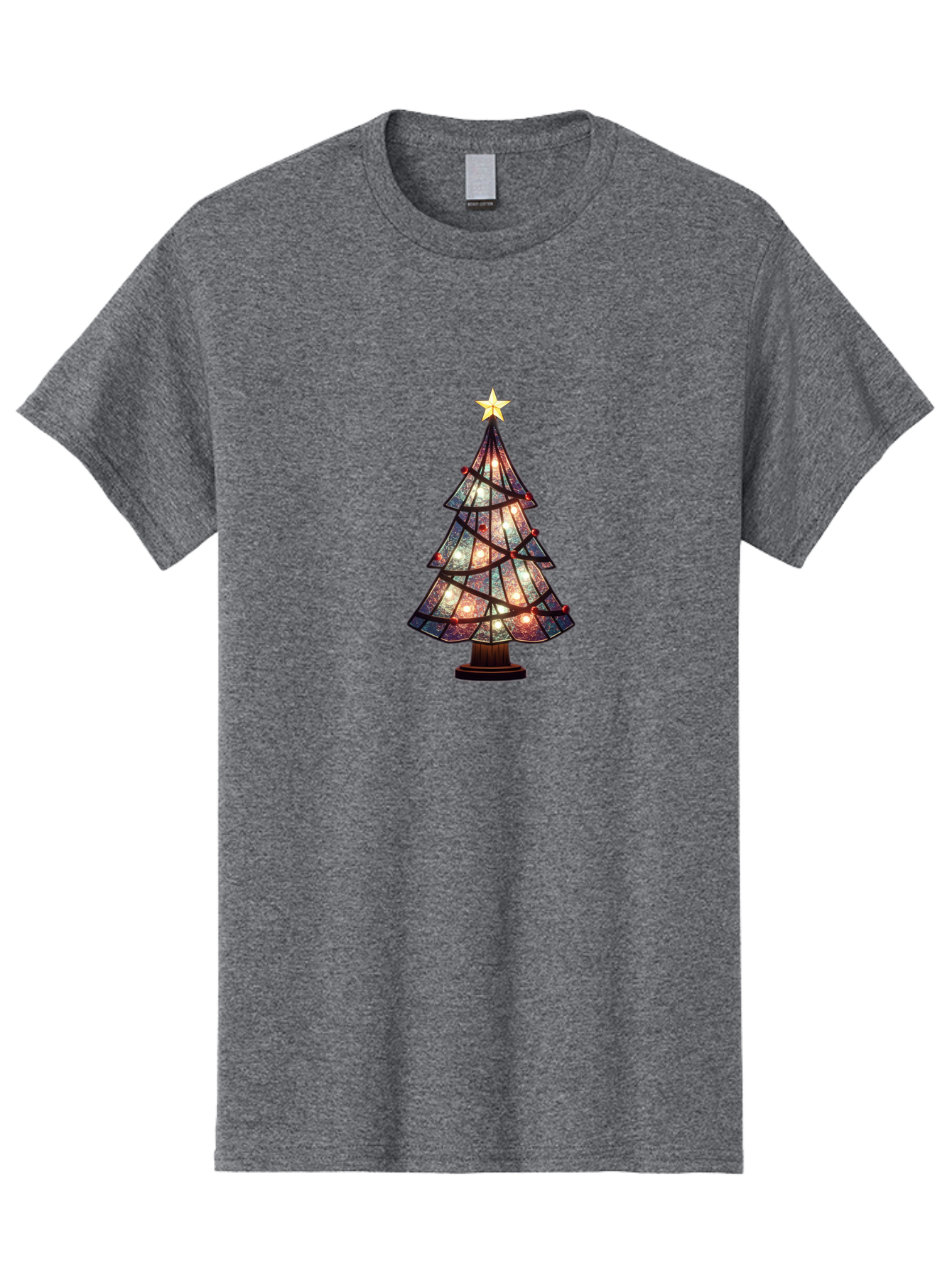 Stained-Glass-Christmas-Tree Men'S Graphic Tee, 100% Cotton, Comfortable Casual Summer Wear, Machine Washable, Stained Glass, Christmas Tree, Festive Decor, Holiday Decoration, Christmas Lights, Star Topper, Holiday Ambiance, Colorful Tree, Bac447