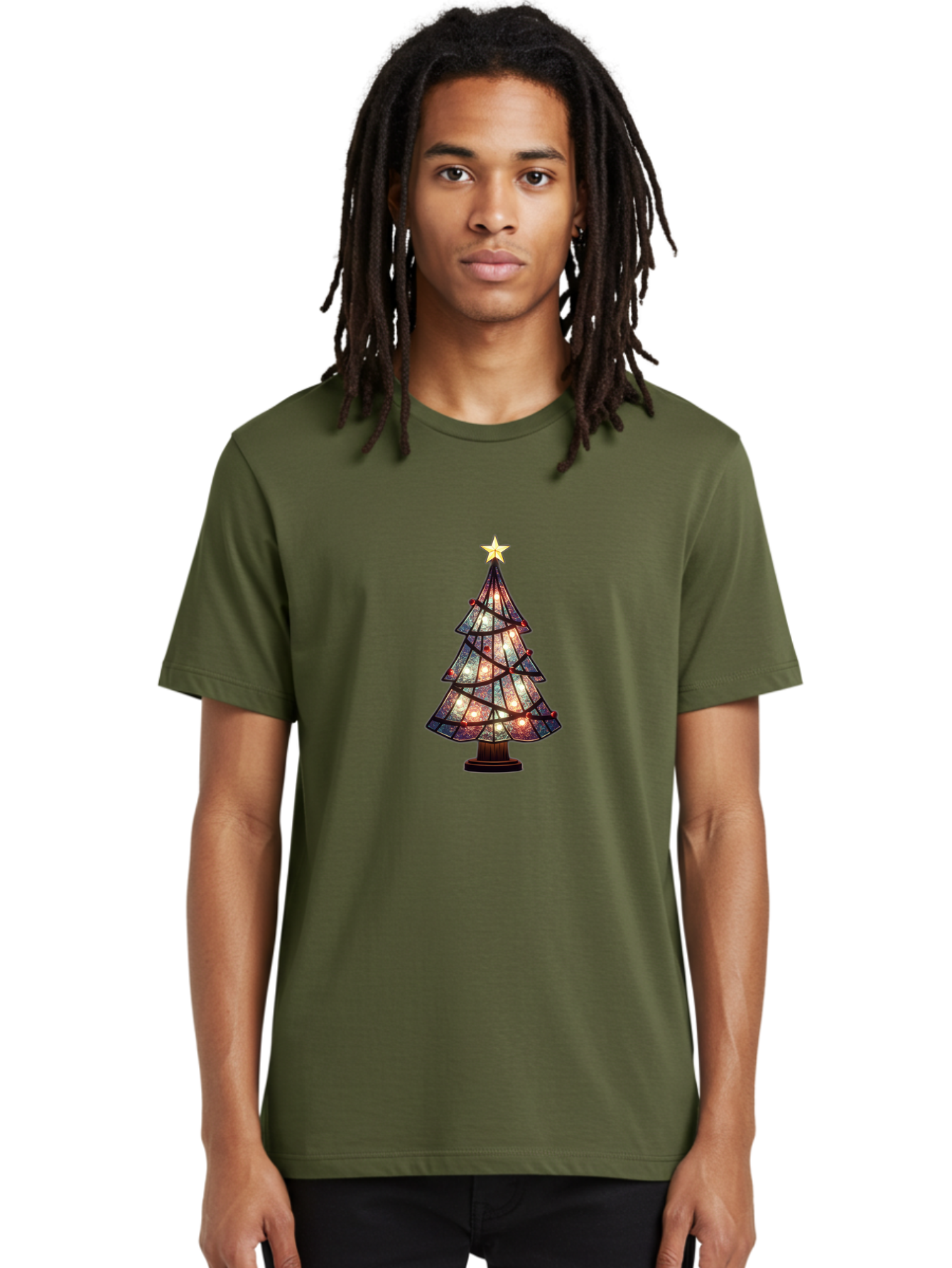 Stained-Glass-Christmas-Tree Men'S Graphic Tee, 100% Cotton, Comfortable Casual Summer Wear, Machine Washable, Stained Glass, Christmas Tree, Festive Decor, Holiday Decoration, Christmas Lights, Star Topper, Holiday Ambiance, Colorful Tree, Bac447
