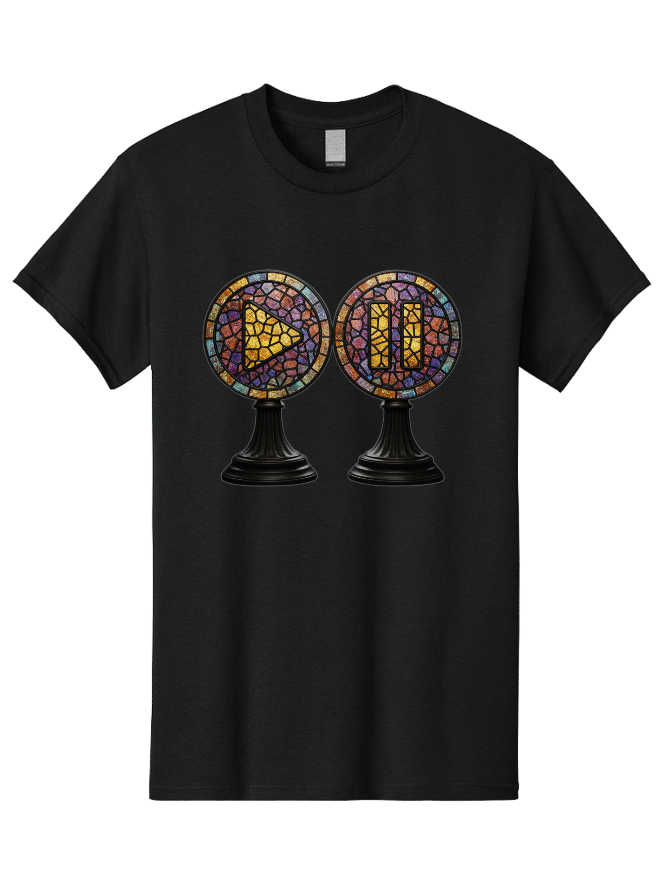 Stained-Glass-Play-And-Pause-Buttons Men'S Graphic Tee, 100% Cotton, Comfortable Casual Summer Wear, Machine Washable, Mosaic Art, Play And Pause Buttons, Media Controls, Stained Glass Design, Colorful Tiles, Black Pedestals, Bac448