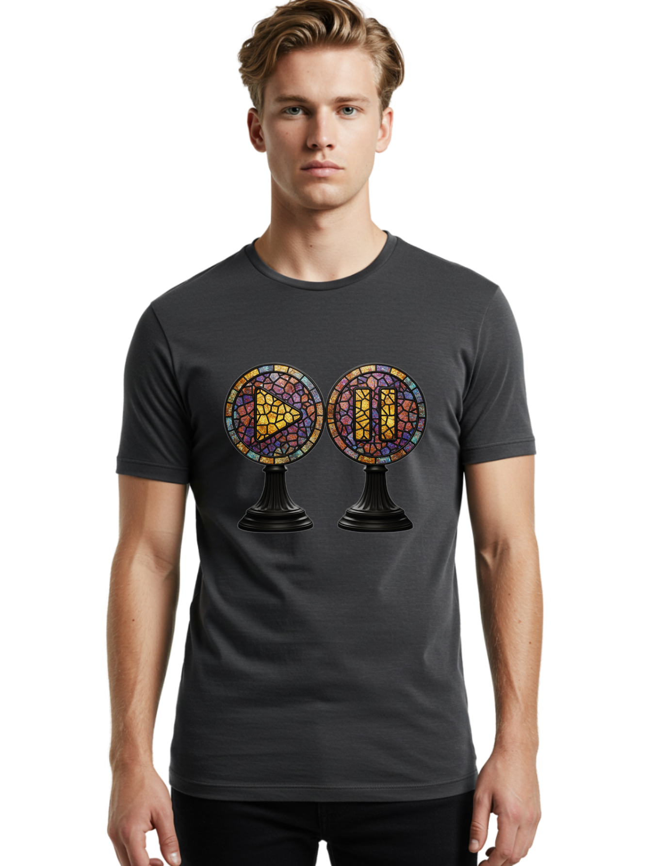Stained-Glass-Play-And-Pause-Buttons Men'S Graphic Tee, 100% Cotton, Comfortable Casual Summer Wear, Machine Washable, Mosaic Art, Play And Pause Buttons, Media Controls, Stained Glass Design, Colorful Tiles, Black Pedestals, Bac448