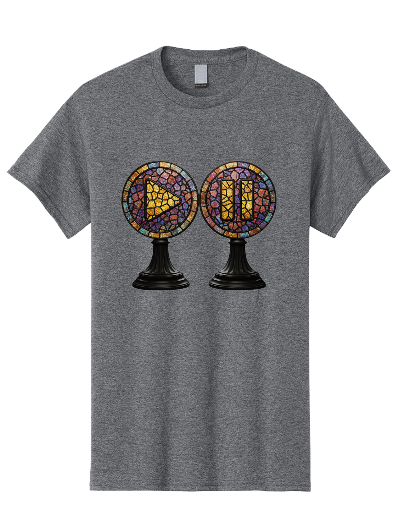Stained-Glass-Play-And-Pause-Buttons Men'S Graphic Tee, 100% Cotton, Comfortable Casual Summer Wear, Machine Washable, Mosaic Art, Play And Pause Buttons, Media Controls, Stained Glass Design, Colorful Tiles, Black Pedestals, Bac448