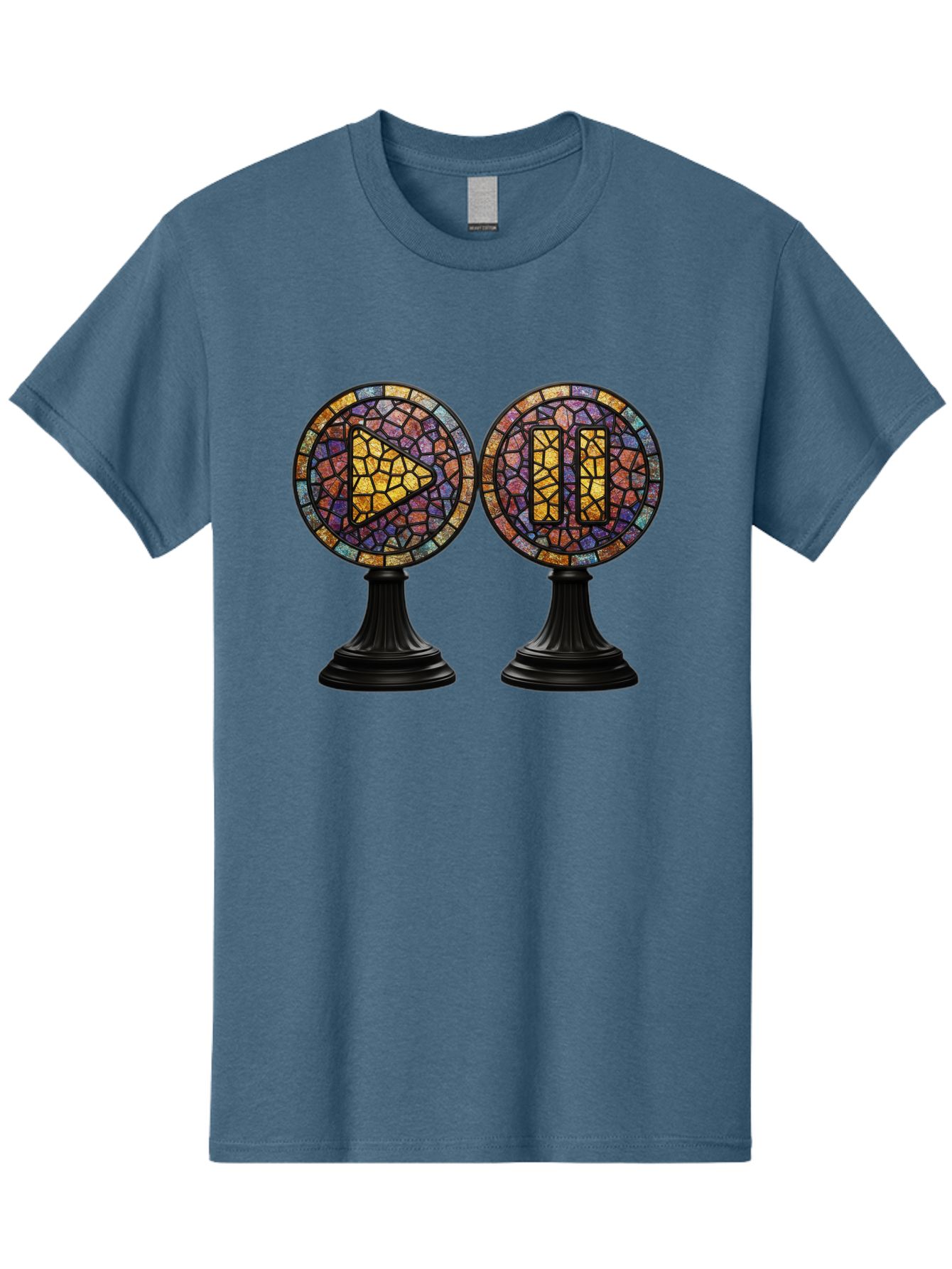 Stained-Glass-Play-And-Pause-Buttons Men'S Graphic Tee, 100% Cotton, Comfortable Casual Summer Wear, Machine Washable, Mosaic Art, Play And Pause Buttons, Media Controls, Stained Glass Design, Colorful Tiles, Black Pedestals, Bac448
