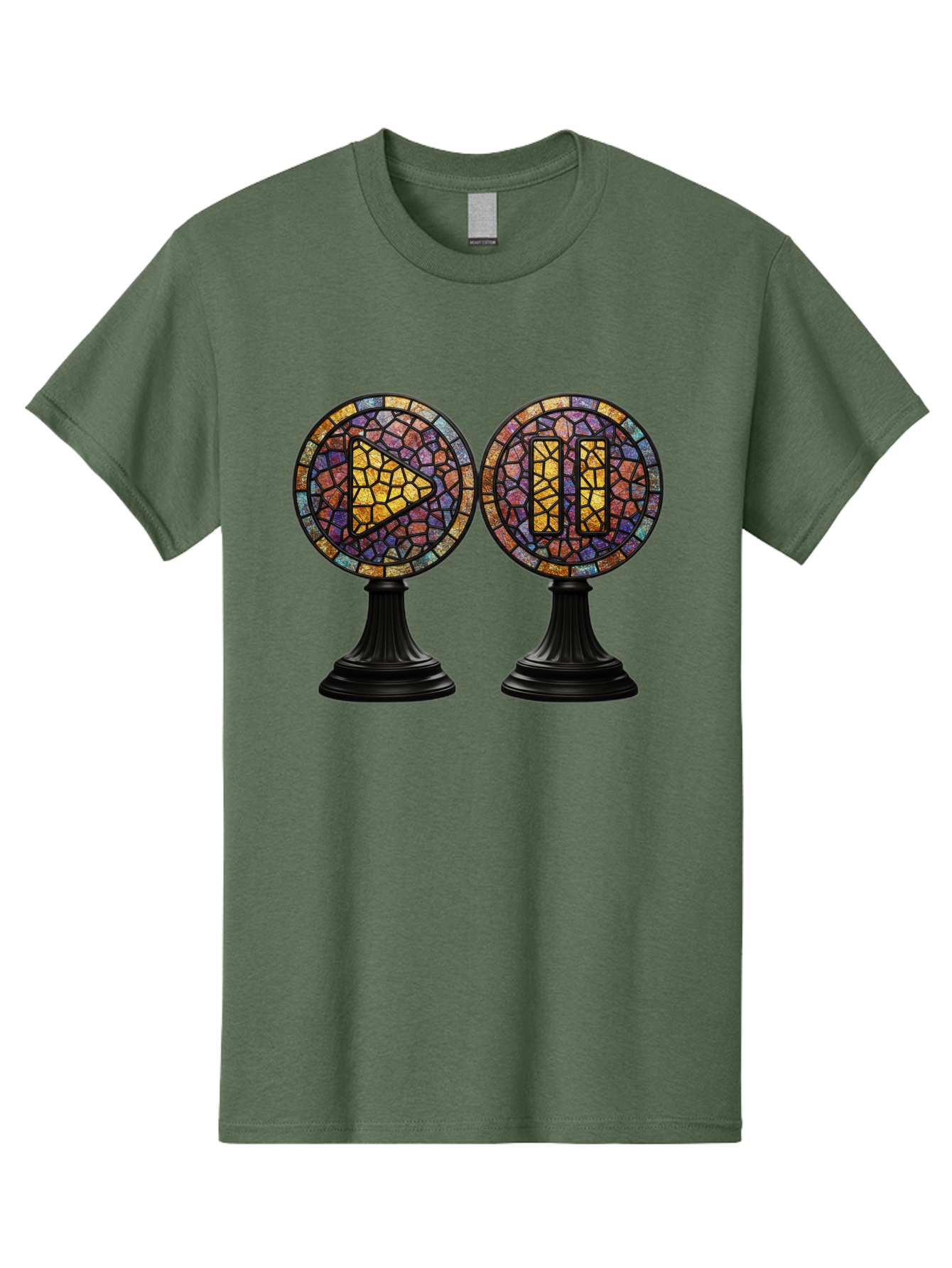 Stained-Glass-Play-And-Pause-Buttons Men'S Graphic Tee, 100% Cotton, Comfortable Casual Summer Wear, Machine Washable, Mosaic Art, Play And Pause Buttons, Media Controls, Stained Glass Design, Colorful Tiles, Black Pedestals, Bac448