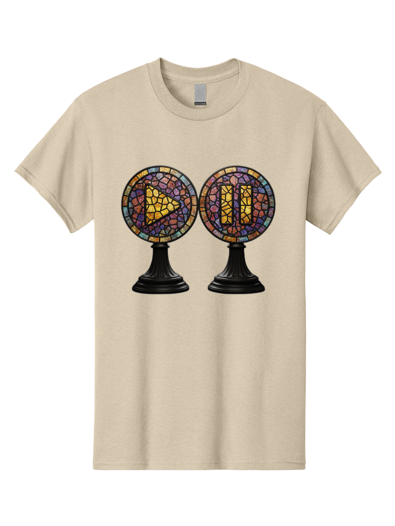 Stained-Glass-Play-And-Pause-Buttons Men'S Graphic Tee, 100% Cotton, Comfortable Casual Summer Wear, Machine Washable, Mosaic Art, Play And Pause Buttons, Media Controls, Stained Glass Design, Colorful Tiles, Black Pedestals, Bac448