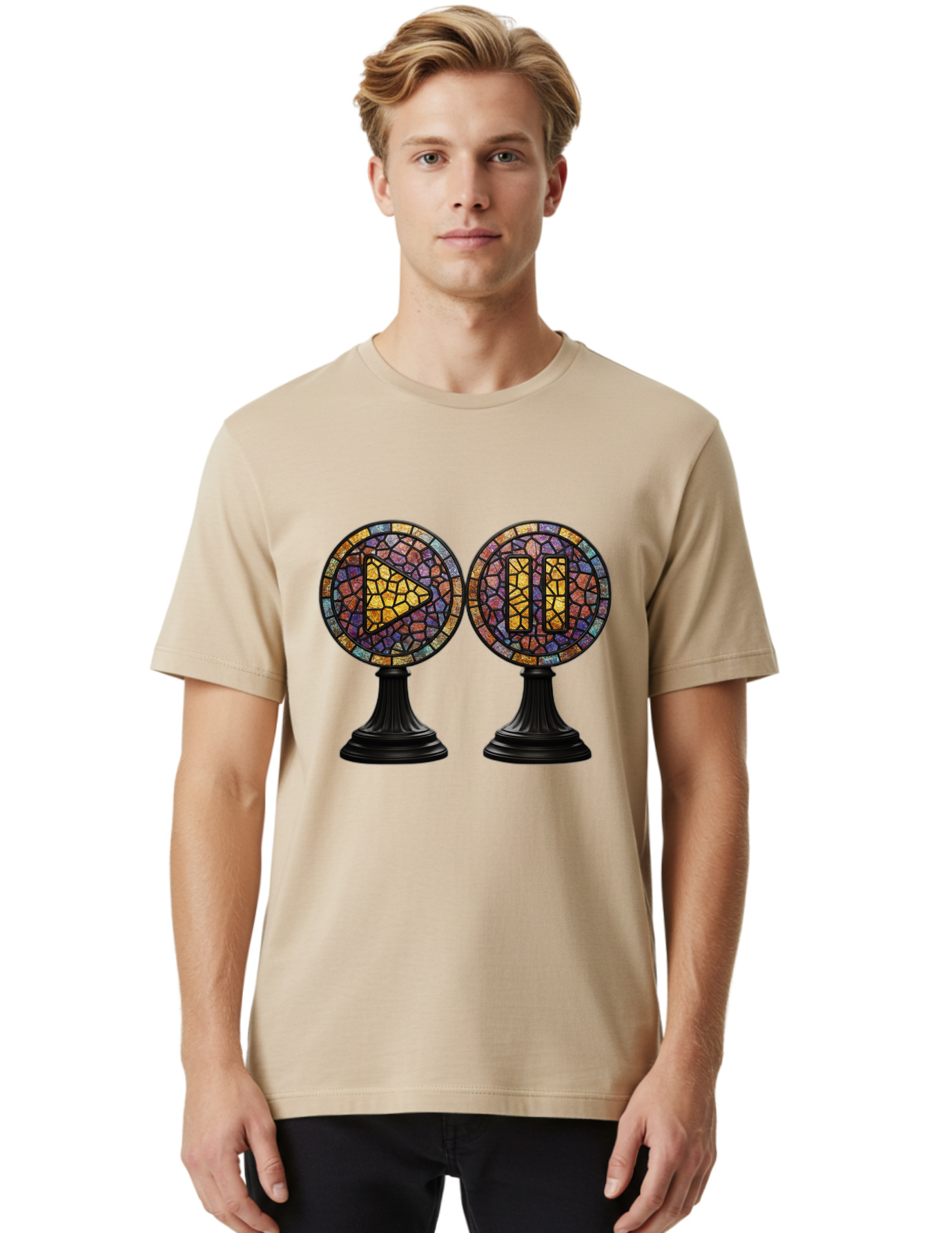 Stained-Glass-Play-And-Pause-Buttons Men'S Graphic Tee, 100% Cotton, Comfortable Casual Summer Wear, Machine Washable, Mosaic Art, Play And Pause Buttons, Media Controls, Stained Glass Design, Colorful Tiles, Black Pedestals, Bac448