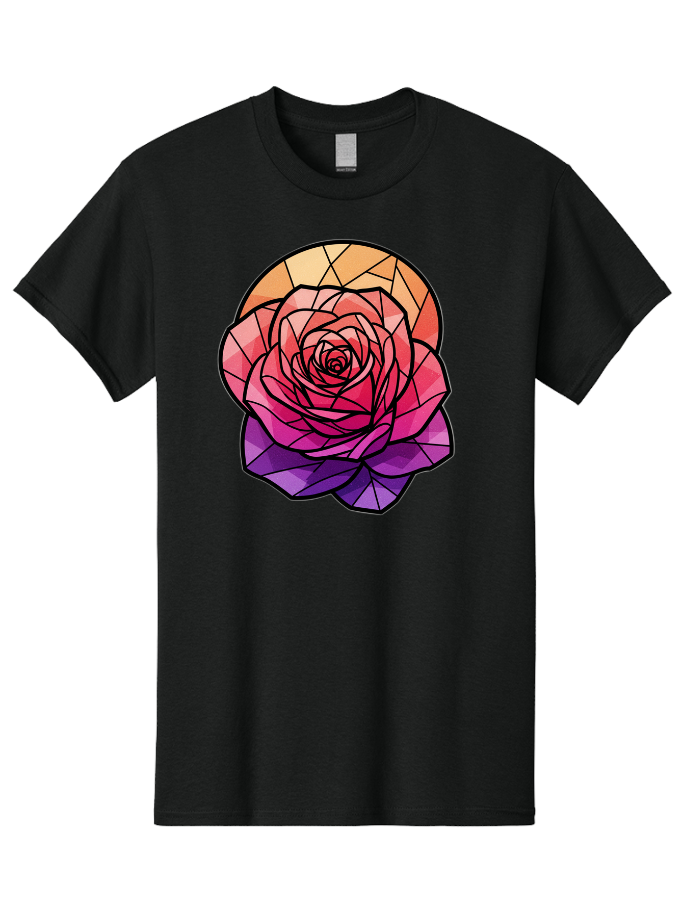 Stained-Glass-Rose Men'S Graphic Tee, 100% Cotton, Comfortable Casual Summer Wear, Machine Washable, Stained Glass Rose, Mosaic Art, Colorful Flowers, Floral Designs, Pink And Purple Hues, Vibrant Petals, Black Outlines, Geometric Patterns, Bac449