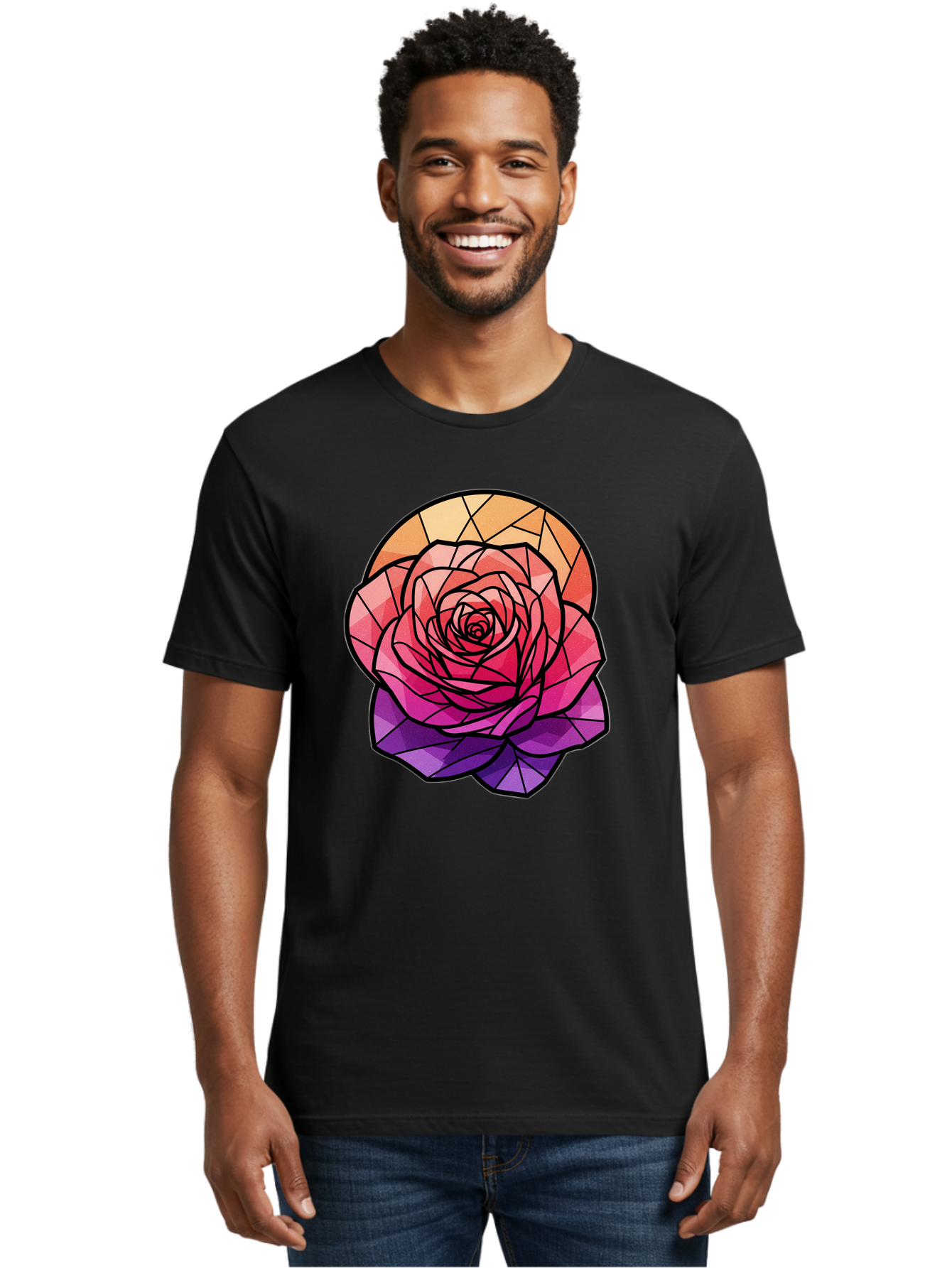 Stained-Glass-Rose Men'S Graphic Tee, 100% Cotton, Comfortable Casual Summer Wear, Machine Washable, Stained Glass Rose, Mosaic Art, Colorful Flowers, Floral Designs, Pink And Purple Hues, Vibrant Petals, Black Outlines, Geometric Patterns, Bac449