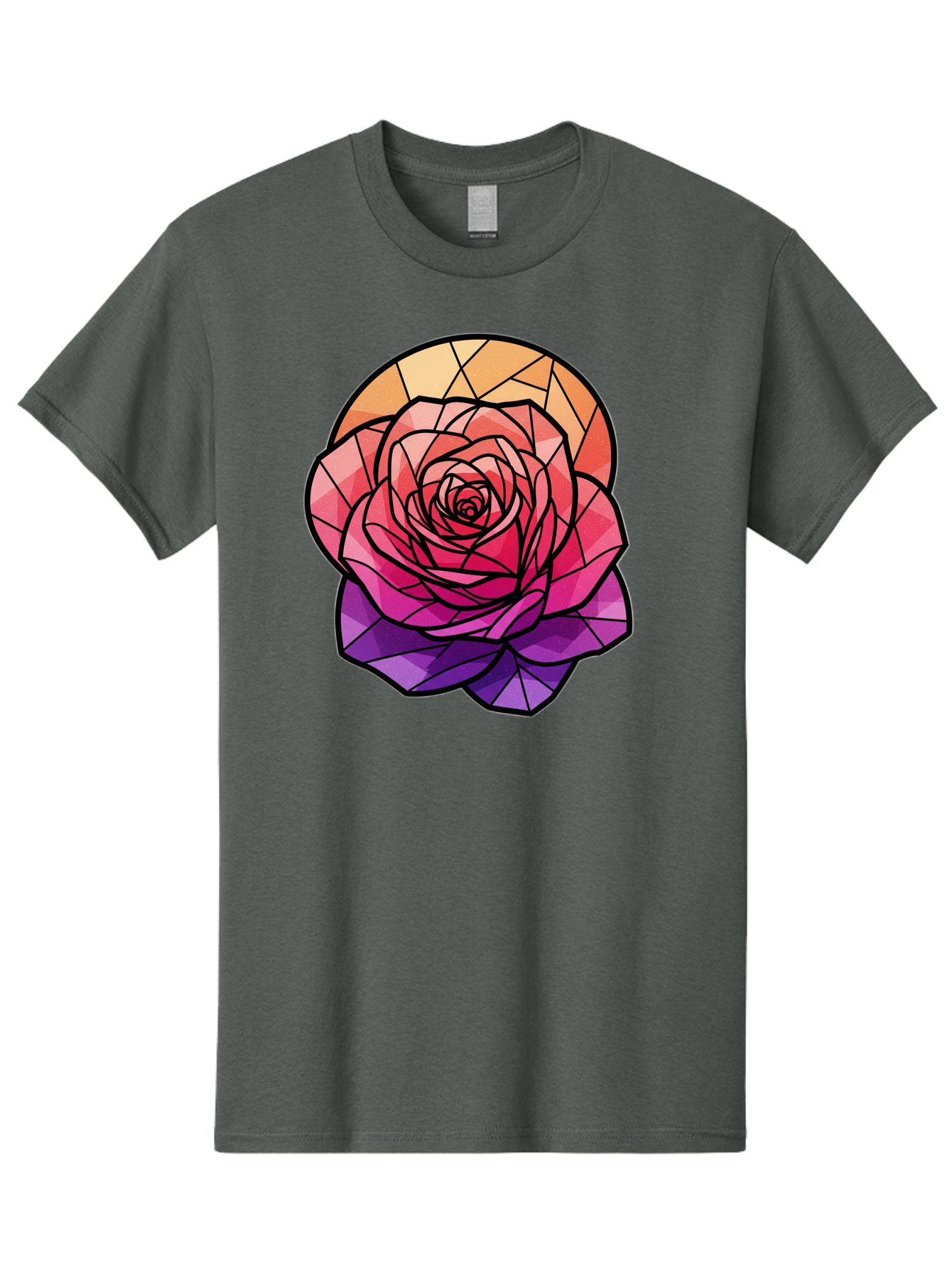 Stained-Glass-Rose Men'S Graphic Tee, 100% Cotton, Comfortable Casual Summer Wear, Machine Washable, Stained Glass Rose, Mosaic Art, Colorful Flowers, Floral Designs, Pink And Purple Hues, Vibrant Petals, Black Outlines, Geometric Patterns, Bac449