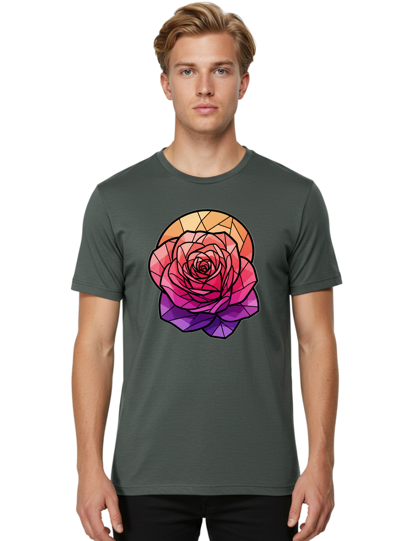 Stained-Glass-Rose Men'S Graphic Tee, 100% Cotton, Comfortable Casual Summer Wear, Machine Washable, Stained Glass Rose, Mosaic Art, Colorful Flowers, Floral Designs, Pink And Purple Hues, Vibrant Petals, Black Outlines, Geometric Patterns, Bac449