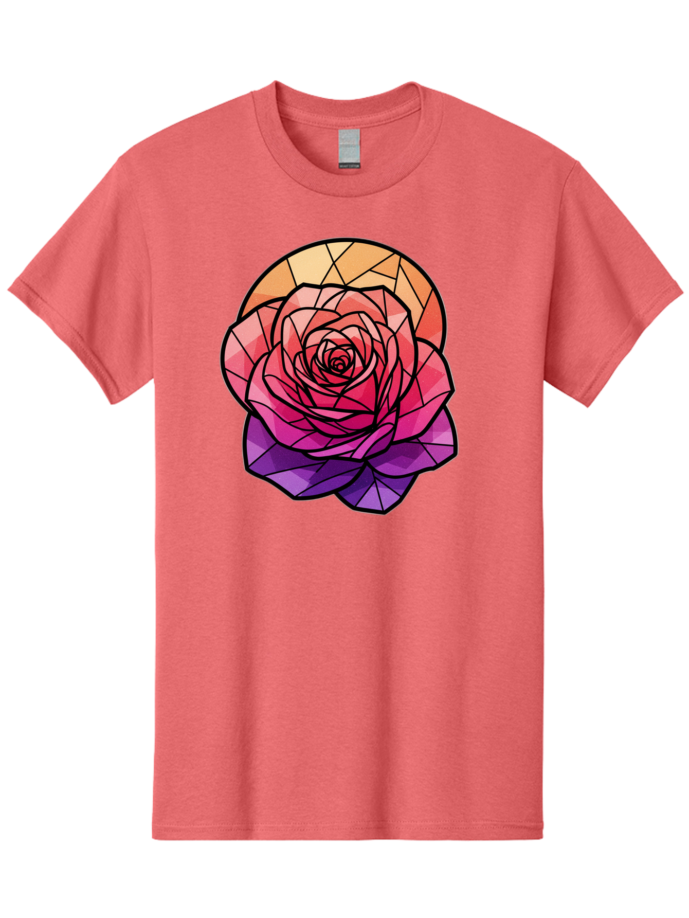 Stained-Glass-Rose Men'S Graphic Tee, 100% Cotton, Comfortable Casual Summer Wear, Machine Washable, Stained Glass Rose, Mosaic Art, Colorful Flowers, Floral Designs, Pink And Purple Hues, Vibrant Petals, Black Outlines, Geometric Patterns, Bac449