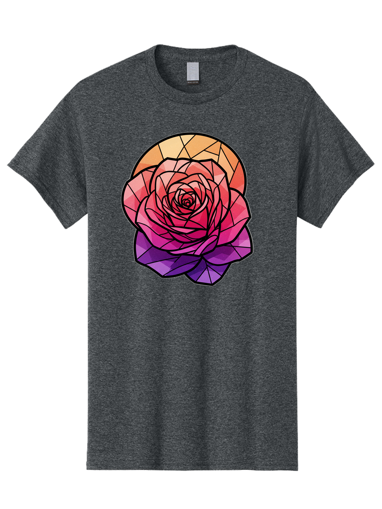 Stained-Glass-Rose Men'S Graphic Tee, 100% Cotton, Comfortable Casual Summer Wear, Machine Washable, Stained Glass Rose, Mosaic Art, Colorful Flowers, Floral Designs, Pink And Purple Hues, Vibrant Petals, Black Outlines, Geometric Patterns, Bac449