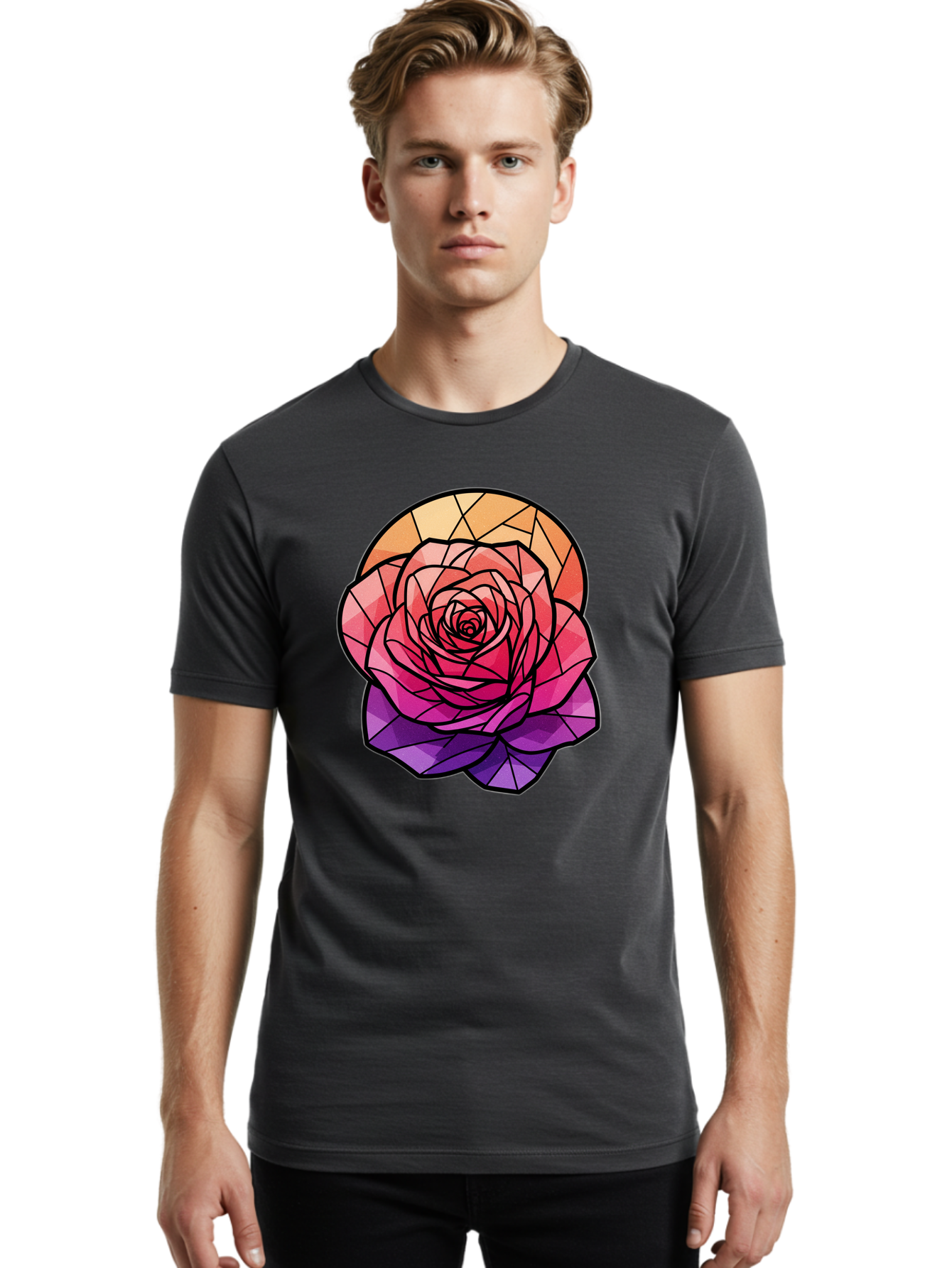 Stained-Glass-Rose Men'S Graphic Tee, 100% Cotton, Comfortable Casual Summer Wear, Machine Washable, Stained Glass Rose, Mosaic Art, Colorful Flowers, Floral Designs, Pink And Purple Hues, Vibrant Petals, Black Outlines, Geometric Patterns, Bac449