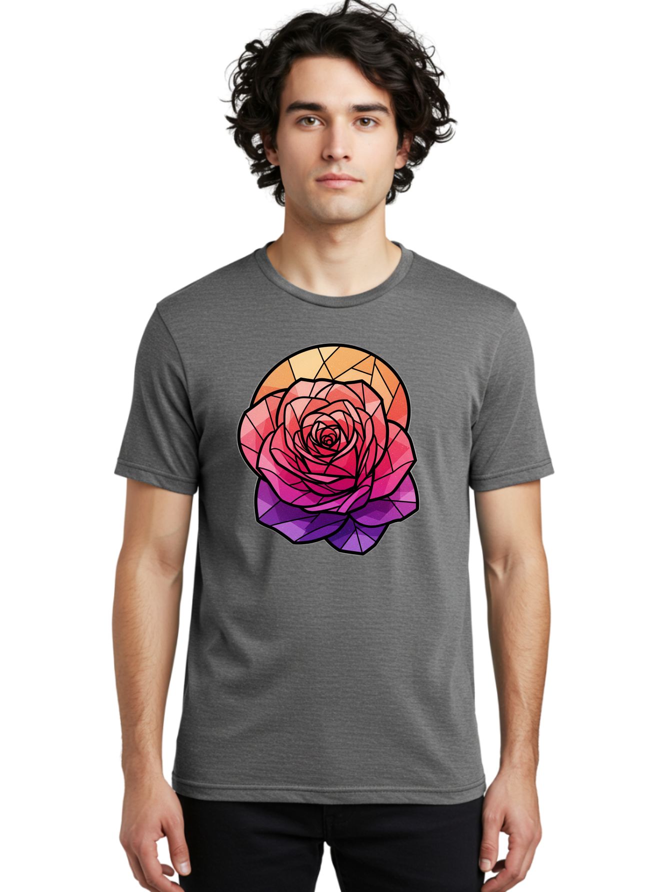 Stained-Glass-Rose Men'S Graphic Tee, 100% Cotton, Comfortable Casual Summer Wear, Machine Washable, Stained Glass Rose, Mosaic Art, Colorful Flowers, Floral Designs, Pink And Purple Hues, Vibrant Petals, Black Outlines, Geometric Patterns, Bac449
