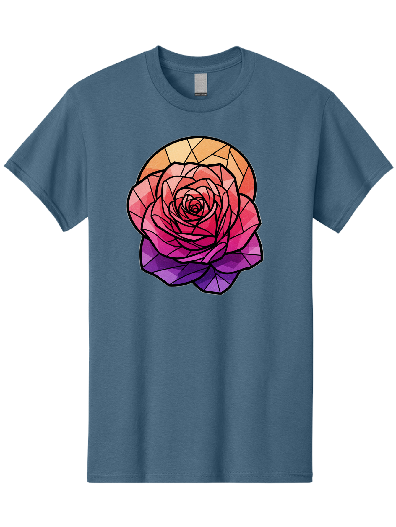 Stained-Glass-Rose Men'S Graphic Tee, 100% Cotton, Comfortable Casual Summer Wear, Machine Washable, Stained Glass Rose, Mosaic Art, Colorful Flowers, Floral Designs, Pink And Purple Hues, Vibrant Petals, Black Outlines, Geometric Patterns, Bac449