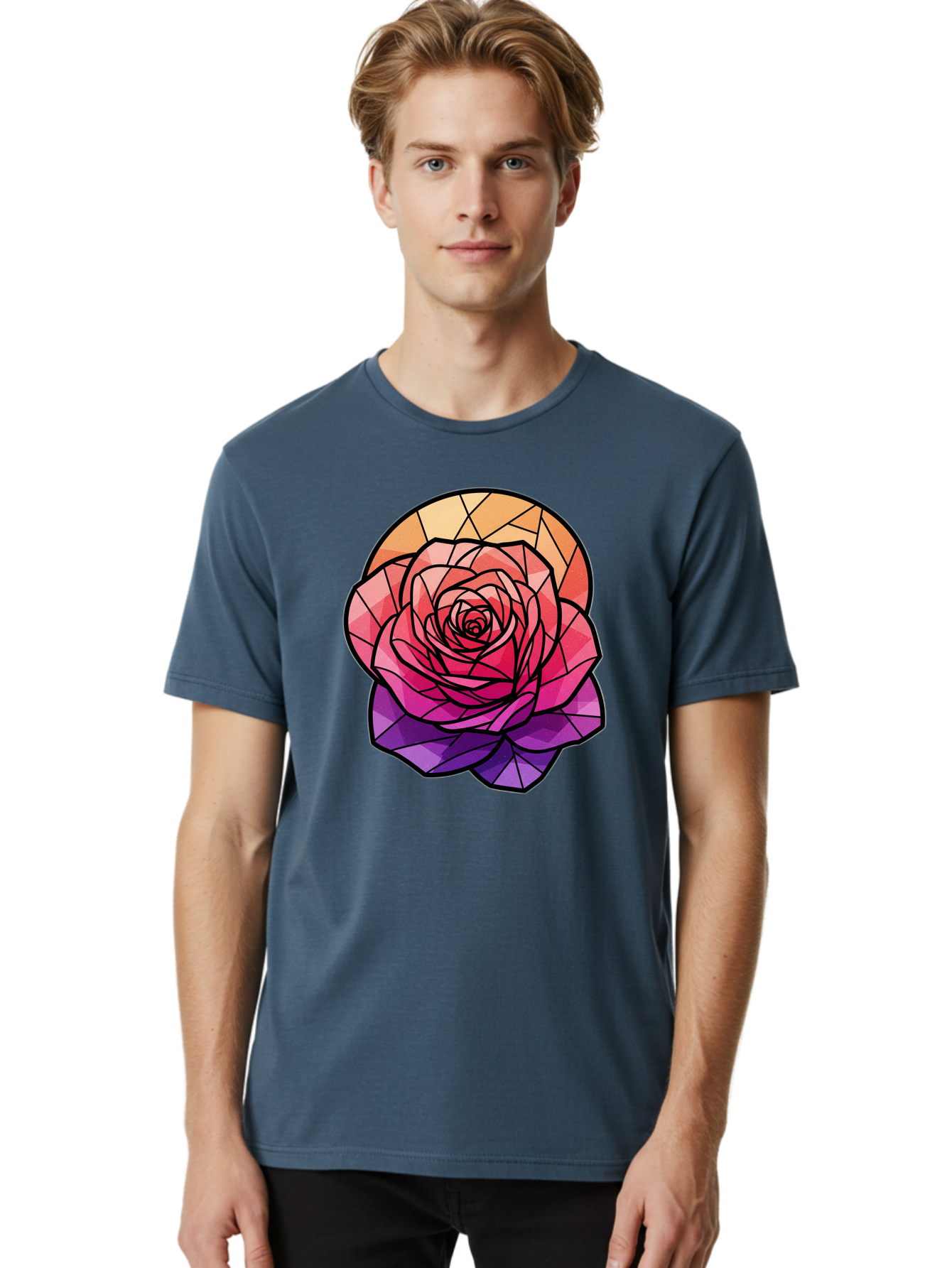 Stained-Glass-Rose Men'S Graphic Tee, 100% Cotton, Comfortable Casual Summer Wear, Machine Washable, Stained Glass Rose, Mosaic Art, Colorful Flowers, Floral Designs, Pink And Purple Hues, Vibrant Petals, Black Outlines, Geometric Patterns, Bac449