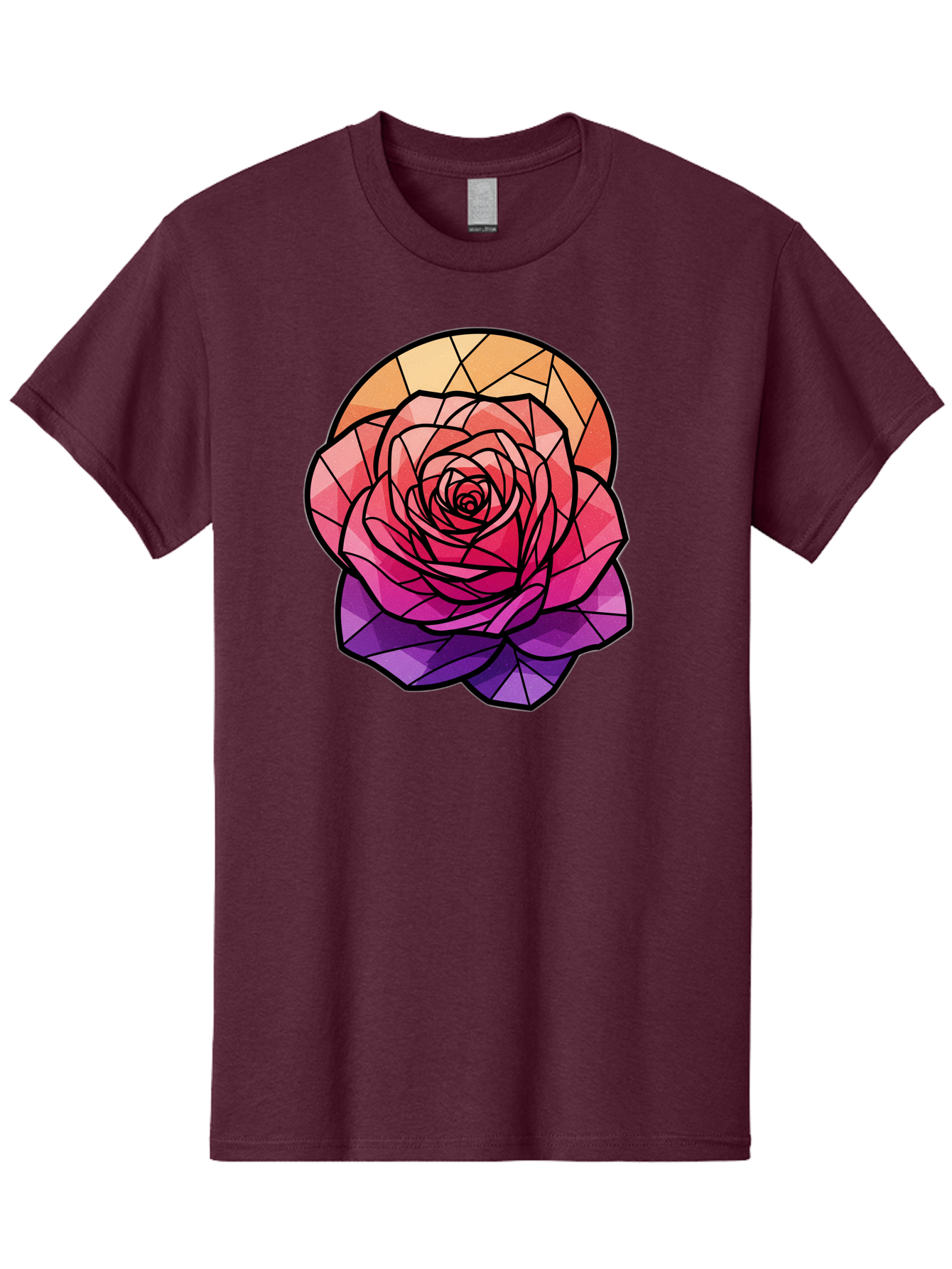 Stained-Glass-Rose Men'S Graphic Tee, 100% Cotton, Comfortable Casual Summer Wear, Machine Washable, Stained Glass Rose, Mosaic Art, Colorful Flowers, Floral Designs, Pink And Purple Hues, Vibrant Petals, Black Outlines, Geometric Patterns, Bac449