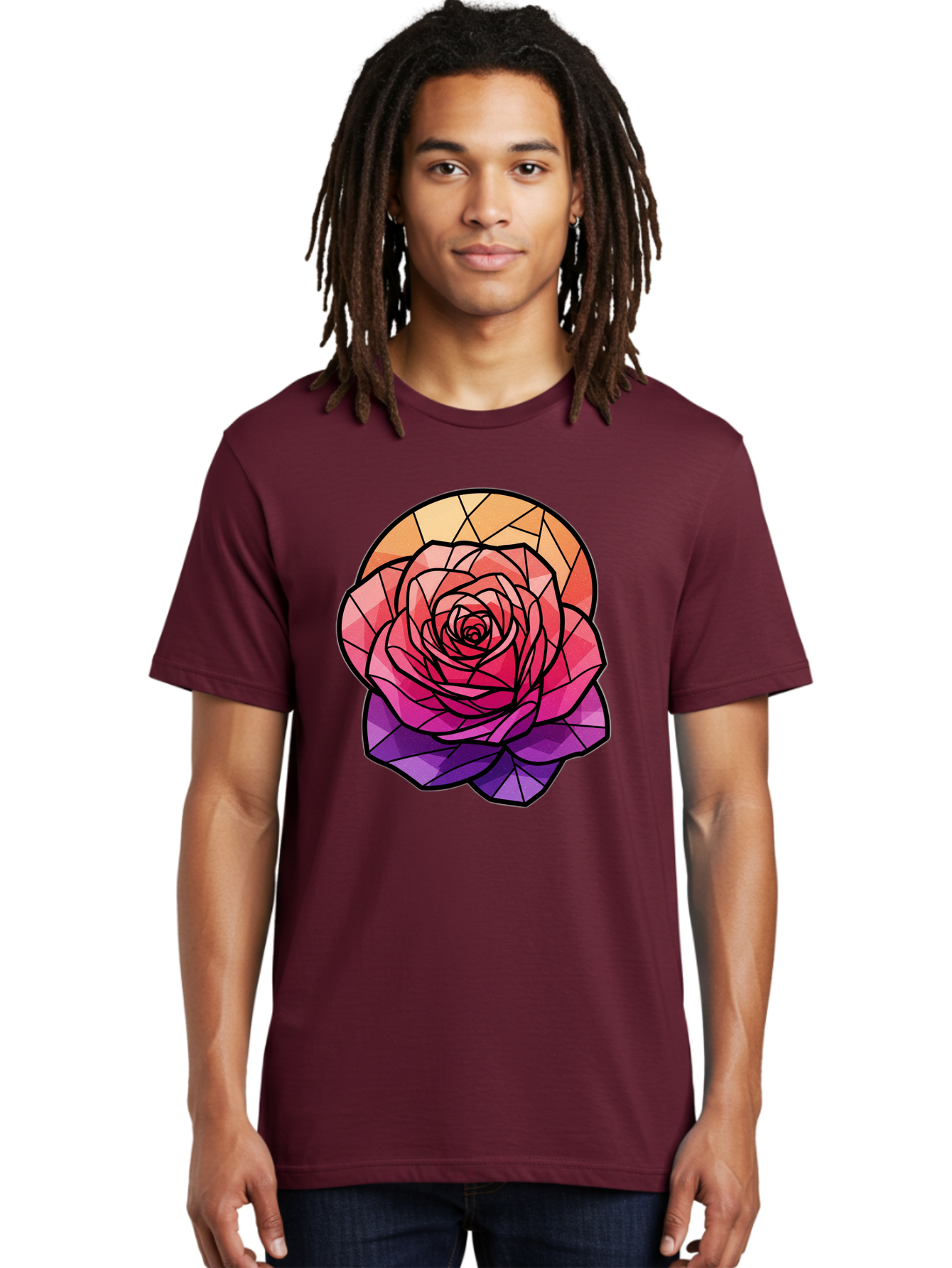 Stained-Glass-Rose Men'S Graphic Tee, 100% Cotton, Comfortable Casual Summer Wear, Machine Washable, Stained Glass Rose, Mosaic Art, Colorful Flowers, Floral Designs, Pink And Purple Hues, Vibrant Petals, Black Outlines, Geometric Patterns, Bac449
