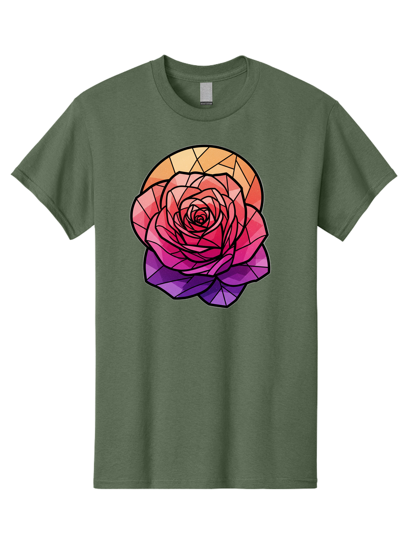 Stained-Glass-Rose Men'S Graphic Tee, 100% Cotton, Comfortable Casual Summer Wear, Machine Washable, Stained Glass Rose, Mosaic Art, Colorful Flowers, Floral Designs, Pink And Purple Hues, Vibrant Petals, Black Outlines, Geometric Patterns, Bac449