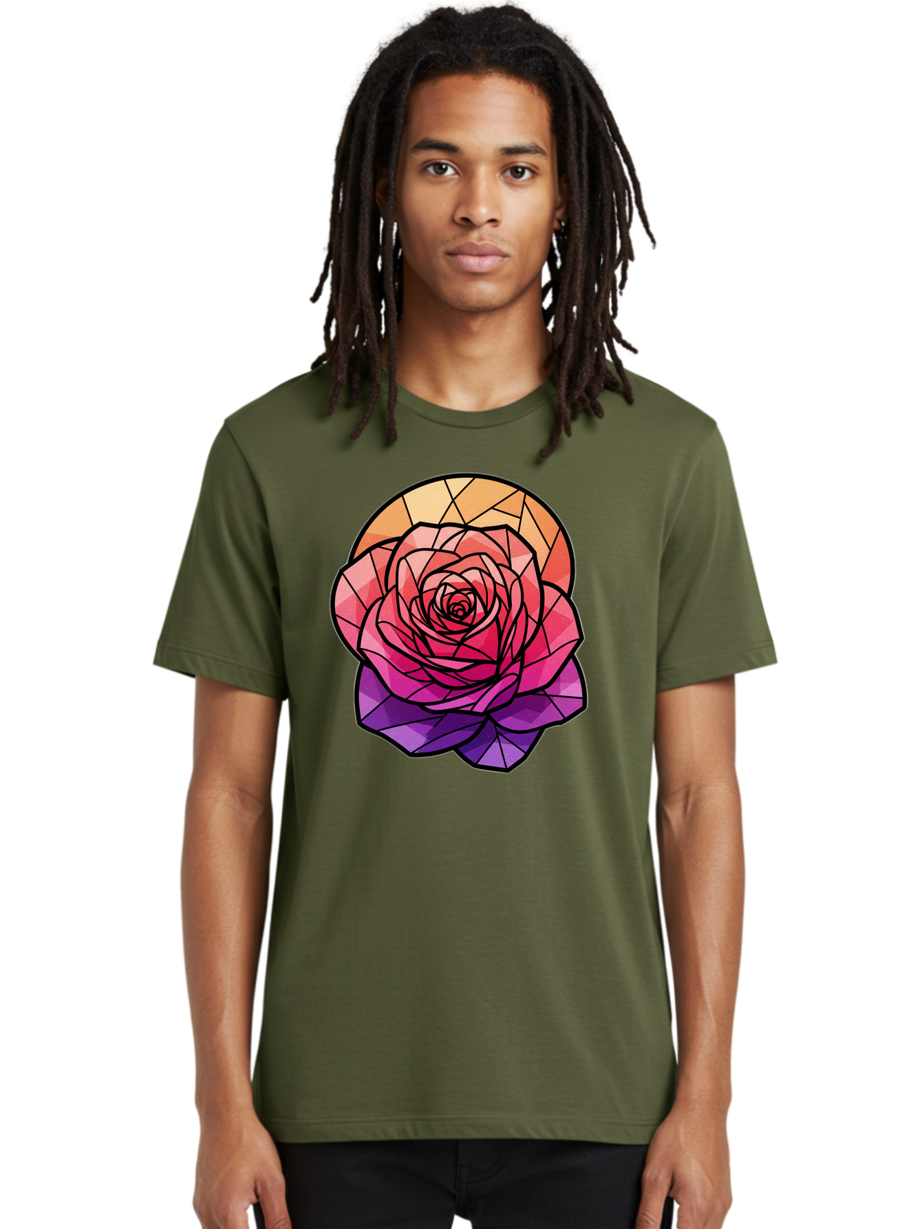 Stained-Glass-Rose Men'S Graphic Tee, 100% Cotton, Comfortable Casual Summer Wear, Machine Washable, Stained Glass Rose, Mosaic Art, Colorful Flowers, Floral Designs, Pink And Purple Hues, Vibrant Petals, Black Outlines, Geometric Patterns, Bac449