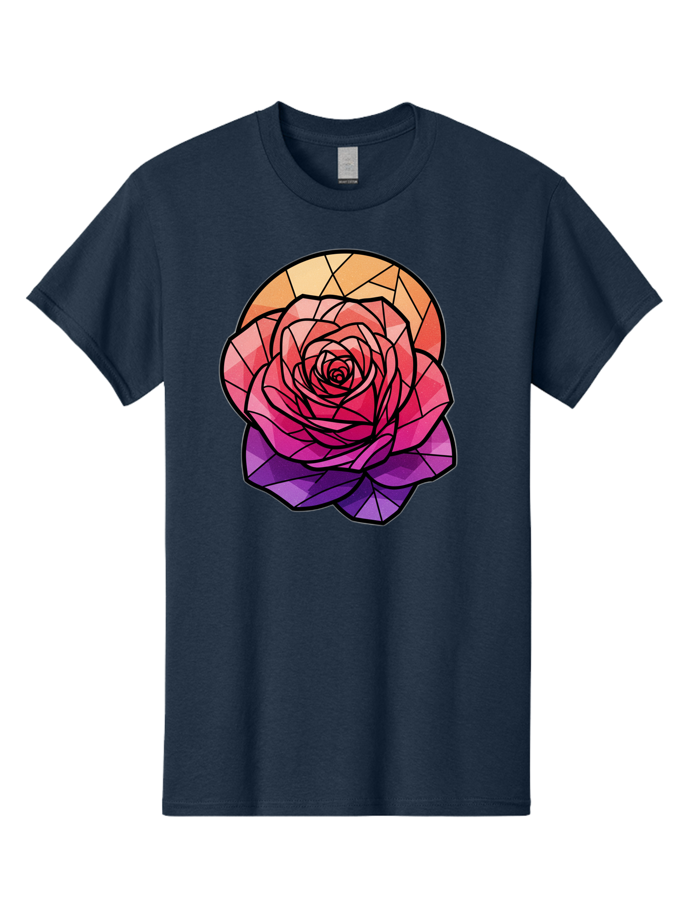 Stained-Glass-Rose Men'S Graphic Tee, 100% Cotton, Comfortable Casual Summer Wear, Machine Washable, Stained Glass Rose, Mosaic Art, Colorful Flowers, Floral Designs, Pink And Purple Hues, Vibrant Petals, Black Outlines, Geometric Patterns, Bac449
