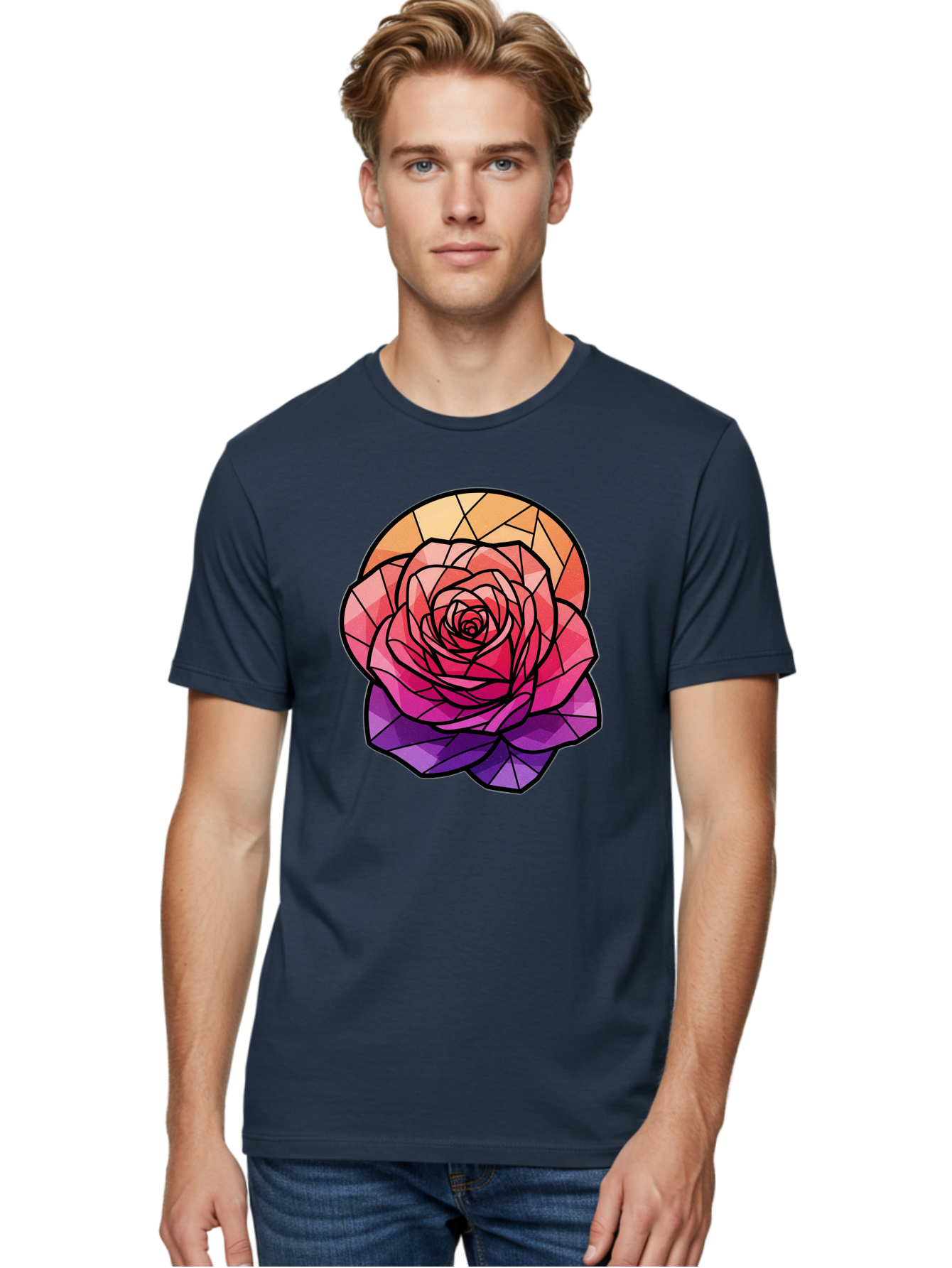 Stained-Glass-Rose Men'S Graphic Tee, 100% Cotton, Comfortable Casual Summer Wear, Machine Washable, Stained Glass Rose, Mosaic Art, Colorful Flowers, Floral Designs, Pink And Purple Hues, Vibrant Petals, Black Outlines, Geometric Patterns, Bac449