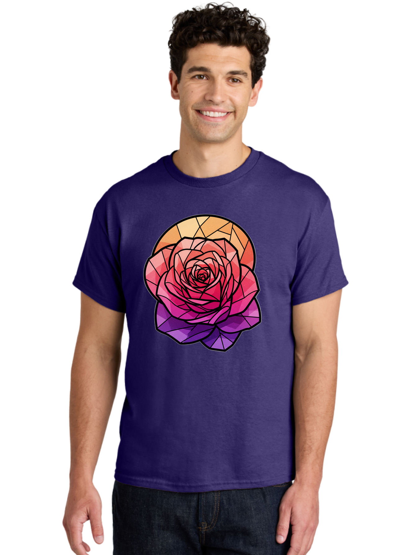 Stained-Glass-Rose Men'S Graphic Tee, 100% Cotton, Comfortable Casual Summer Wear, Machine Washable, Stained Glass Rose, Mosaic Art, Colorful Flowers, Floral Designs, Pink And Purple Hues, Vibrant Petals, Black Outlines, Geometric Patterns, Bac449
