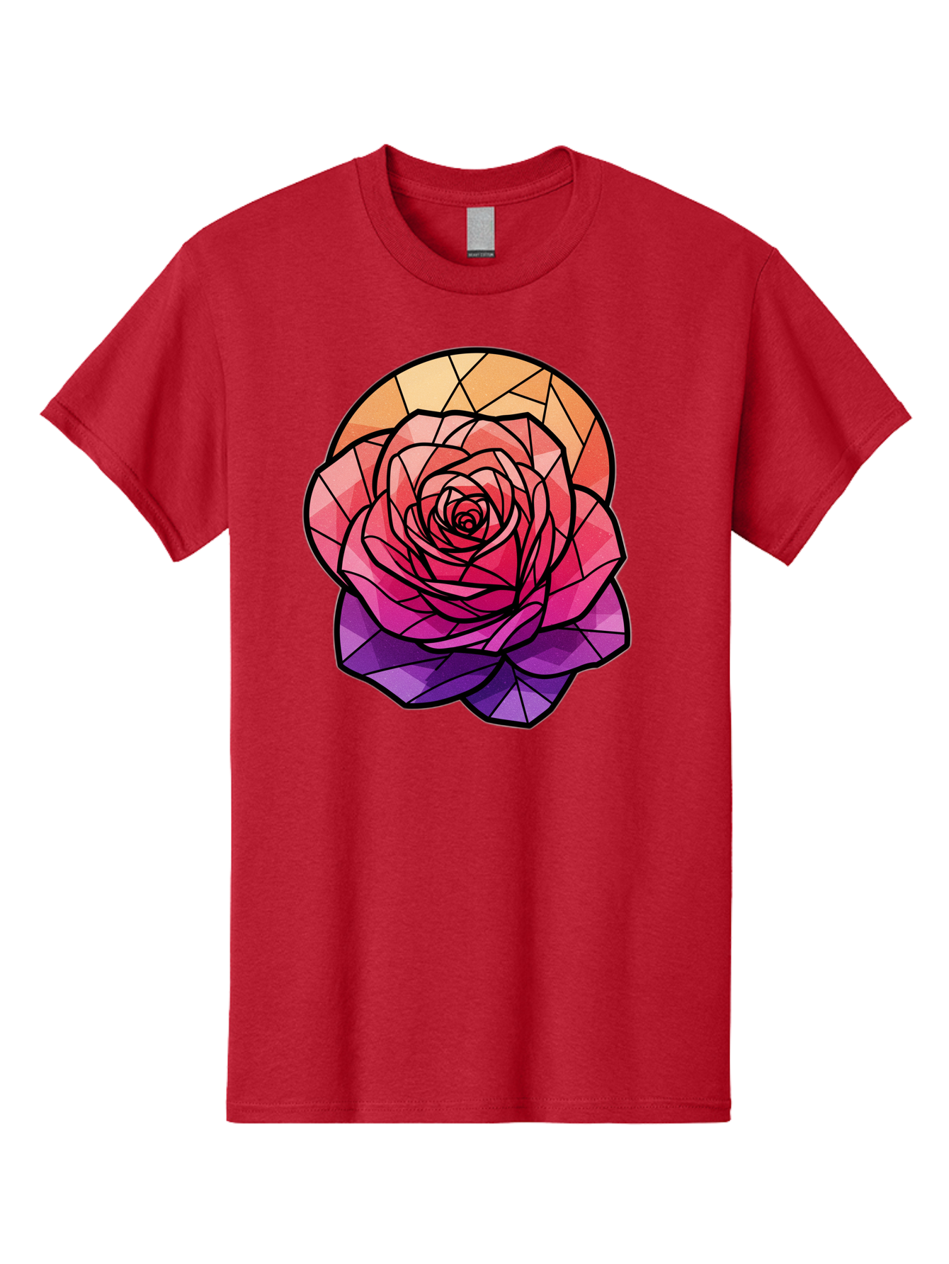 Stained-Glass-Rose Men'S Graphic Tee, 100% Cotton, Comfortable Casual Summer Wear, Machine Washable, Stained Glass Rose, Mosaic Art, Colorful Flowers, Floral Designs, Pink And Purple Hues, Vibrant Petals, Black Outlines, Geometric Patterns, Bac449