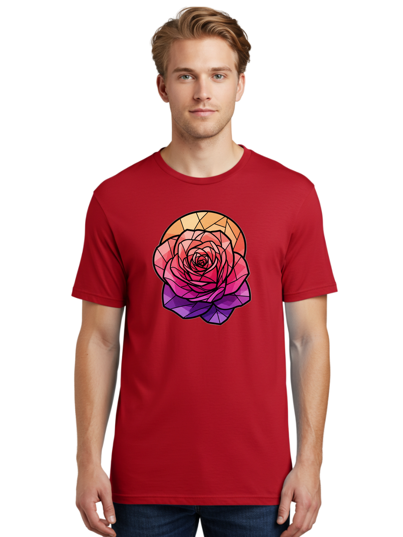 Stained-Glass-Rose Men'S Graphic Tee, 100% Cotton, Comfortable Casual Summer Wear, Machine Washable, Stained Glass Rose, Mosaic Art, Colorful Flowers, Floral Designs, Pink And Purple Hues, Vibrant Petals, Black Outlines, Geometric Patterns, Bac449