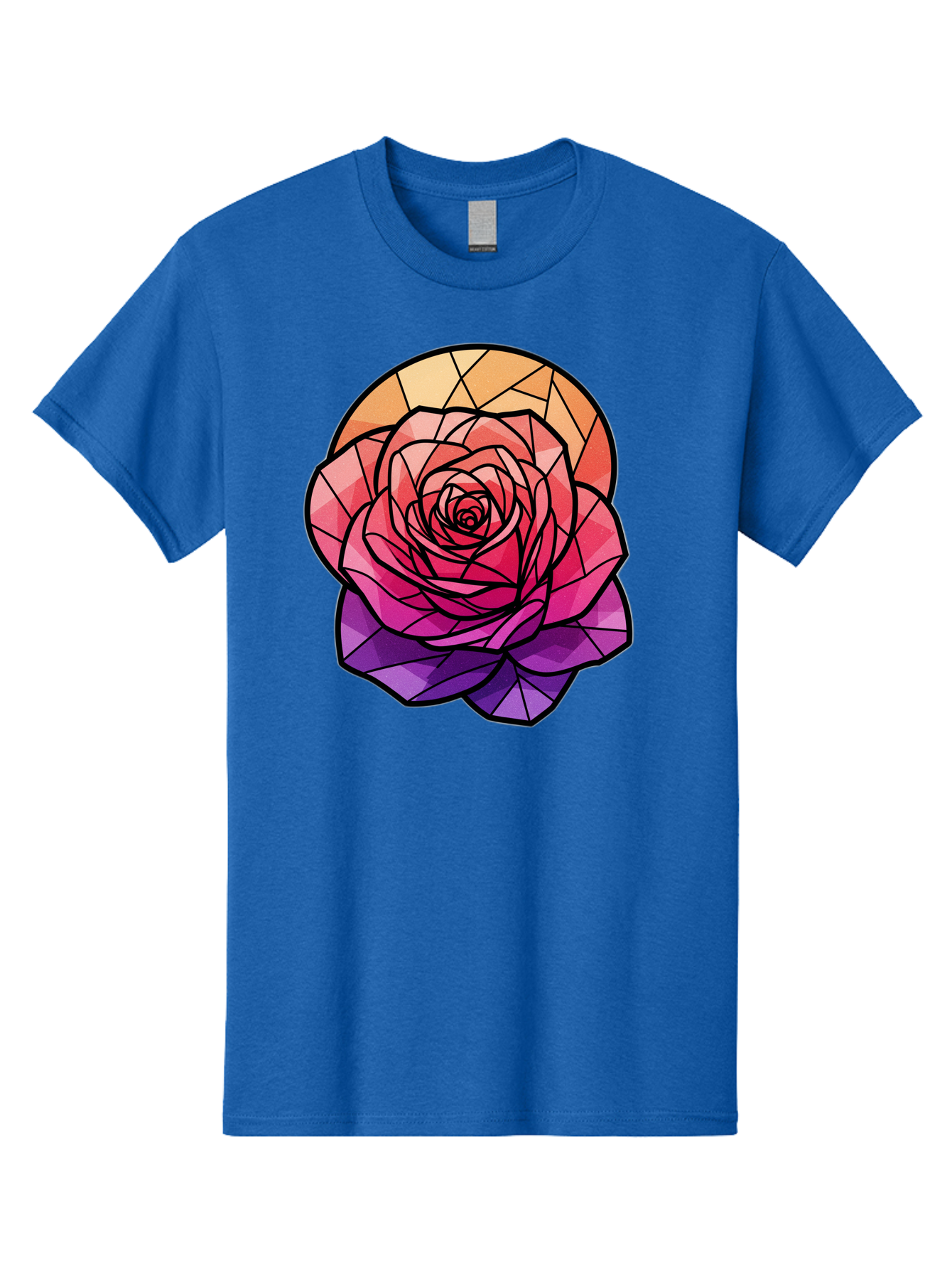 Stained-Glass-Rose Men'S Graphic Tee, 100% Cotton, Comfortable Casual Summer Wear, Machine Washable, Stained Glass Rose, Mosaic Art, Colorful Flowers, Floral Designs, Pink And Purple Hues, Vibrant Petals, Black Outlines, Geometric Patterns, Bac449