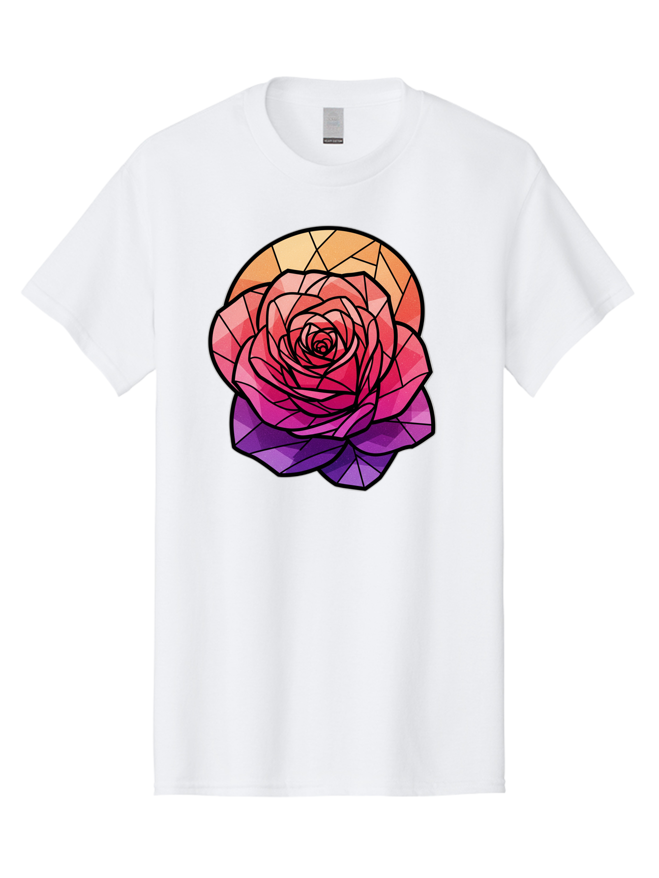 Stained-Glass-Rose Men'S Graphic Tee, 100% Cotton, Comfortable Casual Summer Wear, Machine Washable, Stained Glass Rose, Mosaic Art, Colorful Flowers, Floral Designs, Pink And Purple Hues, Vibrant Petals, Black Outlines, Geometric Patterns, Bac449