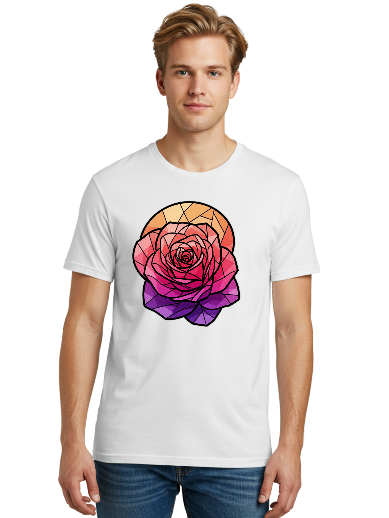 Stained-Glass-Rose Men'S Graphic Tee, 100% Cotton, Comfortable Casual Summer Wear, Machine Washable, Stained Glass Rose, Mosaic Art, Colorful Flowers, Floral Designs, Pink And Purple Hues, Vibrant Petals, Black Outlines, Geometric Patterns, Bac449
