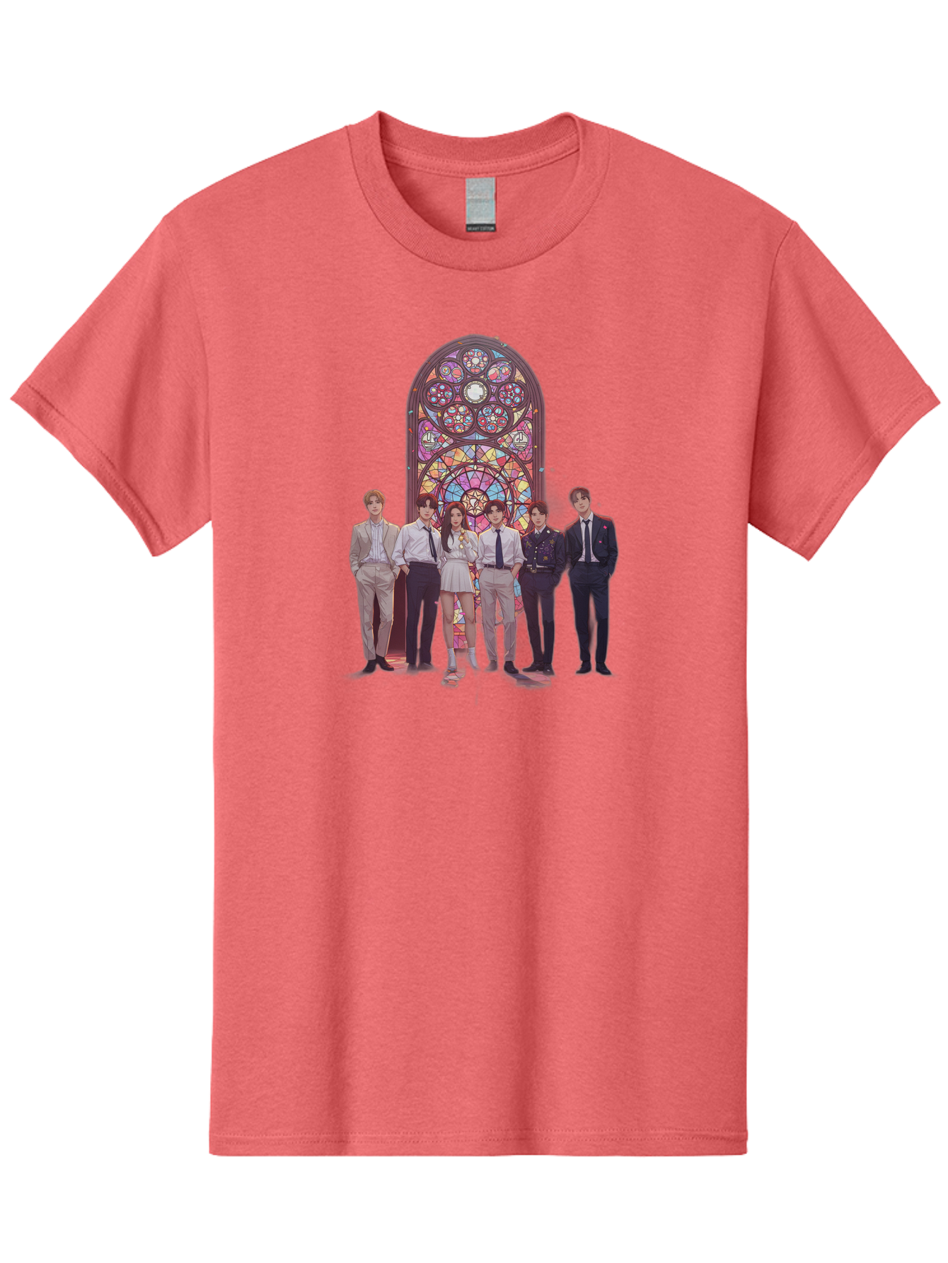 Stained-Glass-Window Men'S Graphic Tee, 100% Cotton, Comfortable Casual Summer Wear, Machine Washable, K-Pop Group, Stained Glass Window, Formal Attire, Black Ties, White Shirts, Vibrant Colors, Stained Glass Art, K-Pop Fashion, Bac450