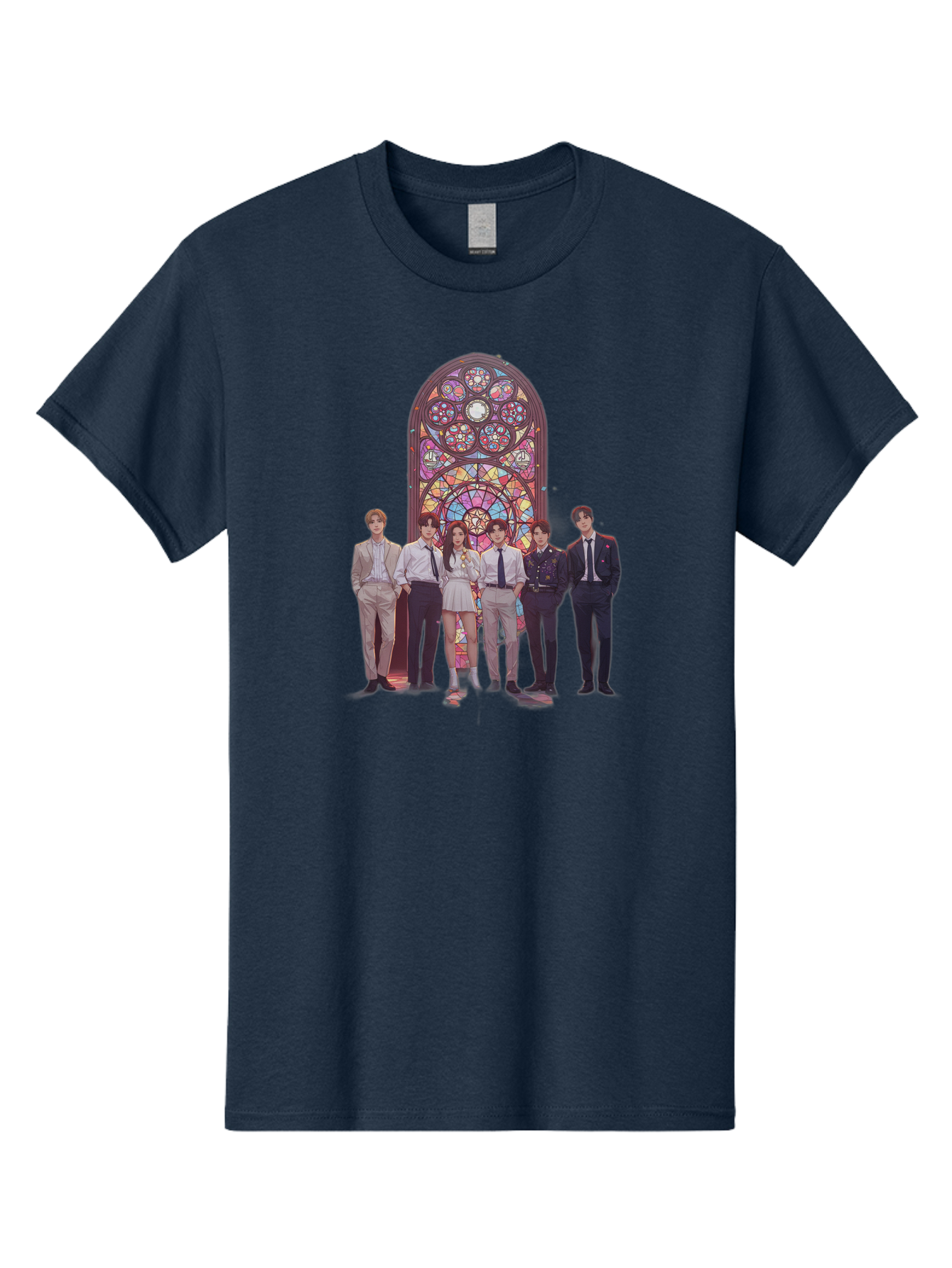 Stained-Glass-Window Men'S Graphic Tee, 100% Cotton, Comfortable Casual Summer Wear, Machine Washable, K-Pop Group, Stained Glass Window, Formal Attire, Black Ties, White Shirts, Vibrant Colors, Stained Glass Art, K-Pop Fashion, Bac450