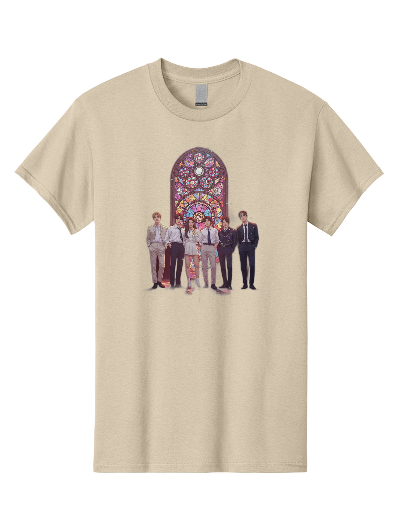 Stained-Glass-Window Men'S Graphic Tee, 100% Cotton, Comfortable Casual Summer Wear, Machine Washable, K-Pop Group, Stained Glass Window, Formal Attire, Black Ties, White Shirts, Vibrant Colors, Stained Glass Art, K-Pop Fashion, Bac450