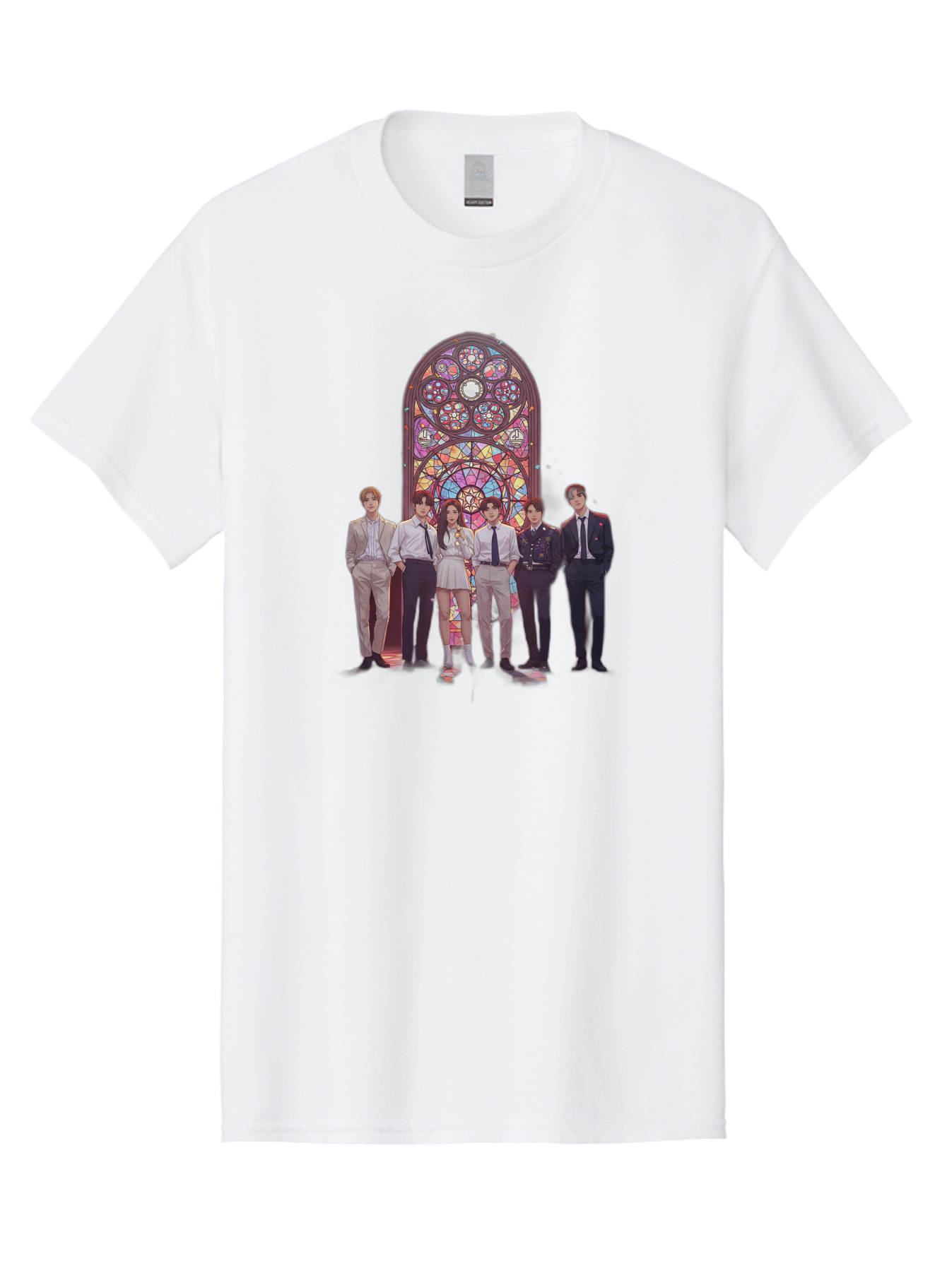 Stained-Glass-Window Men'S Graphic Tee, 100% Cotton, Comfortable Casual Summer Wear, Machine Washable, K-Pop Group, Stained Glass Window, Formal Attire, Black Ties, White Shirts, Vibrant Colors, Stained Glass Art, K-Pop Fashion, Bac450