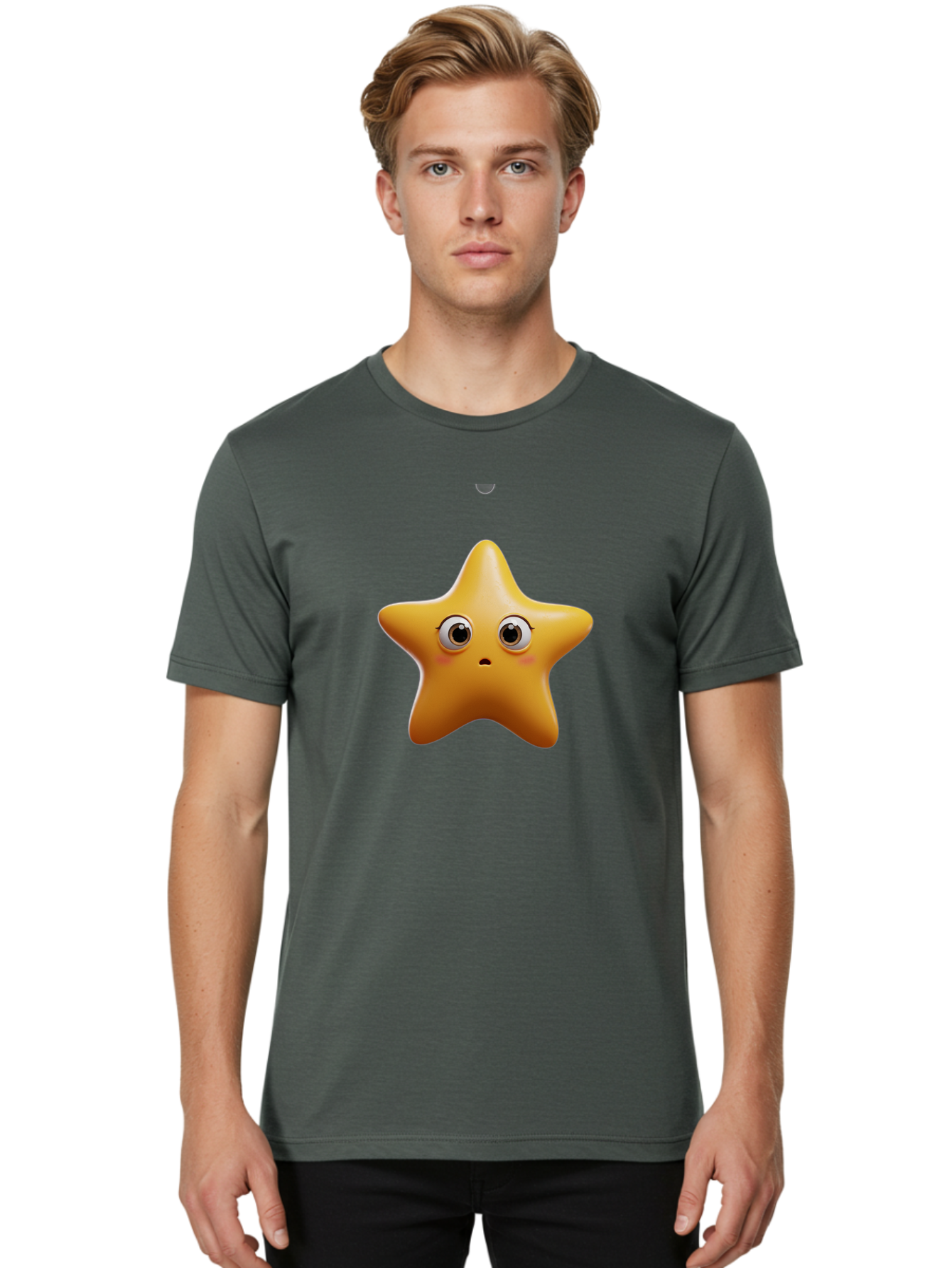 Star-Emoji Men'S Graphic Tee, 100% Cotton, Comfortable Casual Summer Wear, Machine Washable, Cartoon Star, Cute Expression, Surprised Face, Shiny Star, 3D Illustration, Yellow Star, Emoji Character, Surprised Emoji Bac451