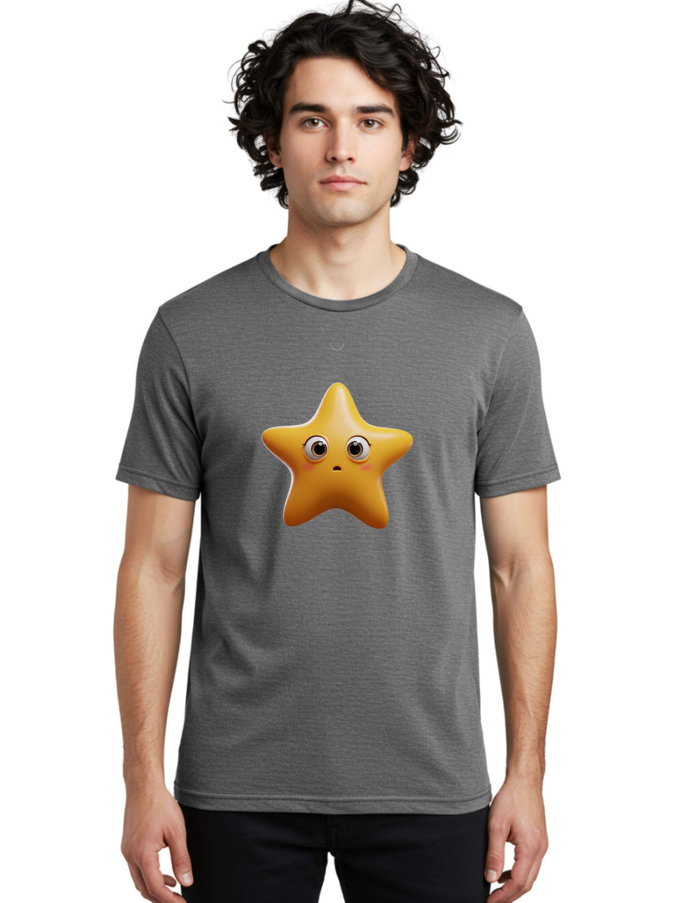 Star-Emoji Men'S Graphic Tee, 100% Cotton, Comfortable Casual Summer Wear, Machine Washable, Cartoon Star, Cute Expression, Surprised Face, Shiny Star, 3D Illustration, Yellow Star, Emoji Character, Surprised Emoji Bac451