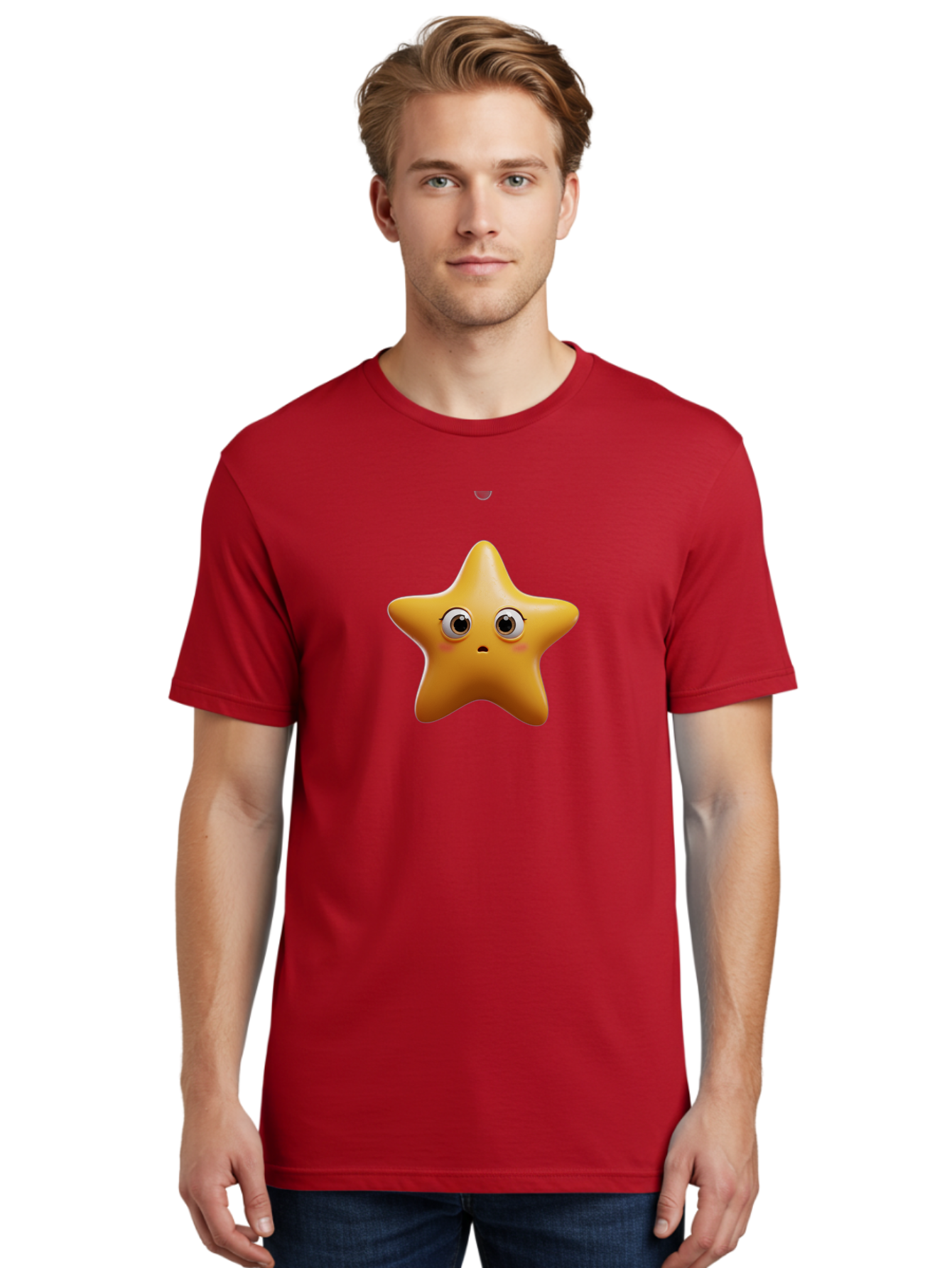 Star-Emoji Men'S Graphic Tee, 100% Cotton, Comfortable Casual Summer Wear, Machine Washable, Cartoon Star, Cute Expression, Surprised Face, Shiny Star, 3D Illustration, Yellow Star, Emoji Character, Surprised Emoji Bac451
