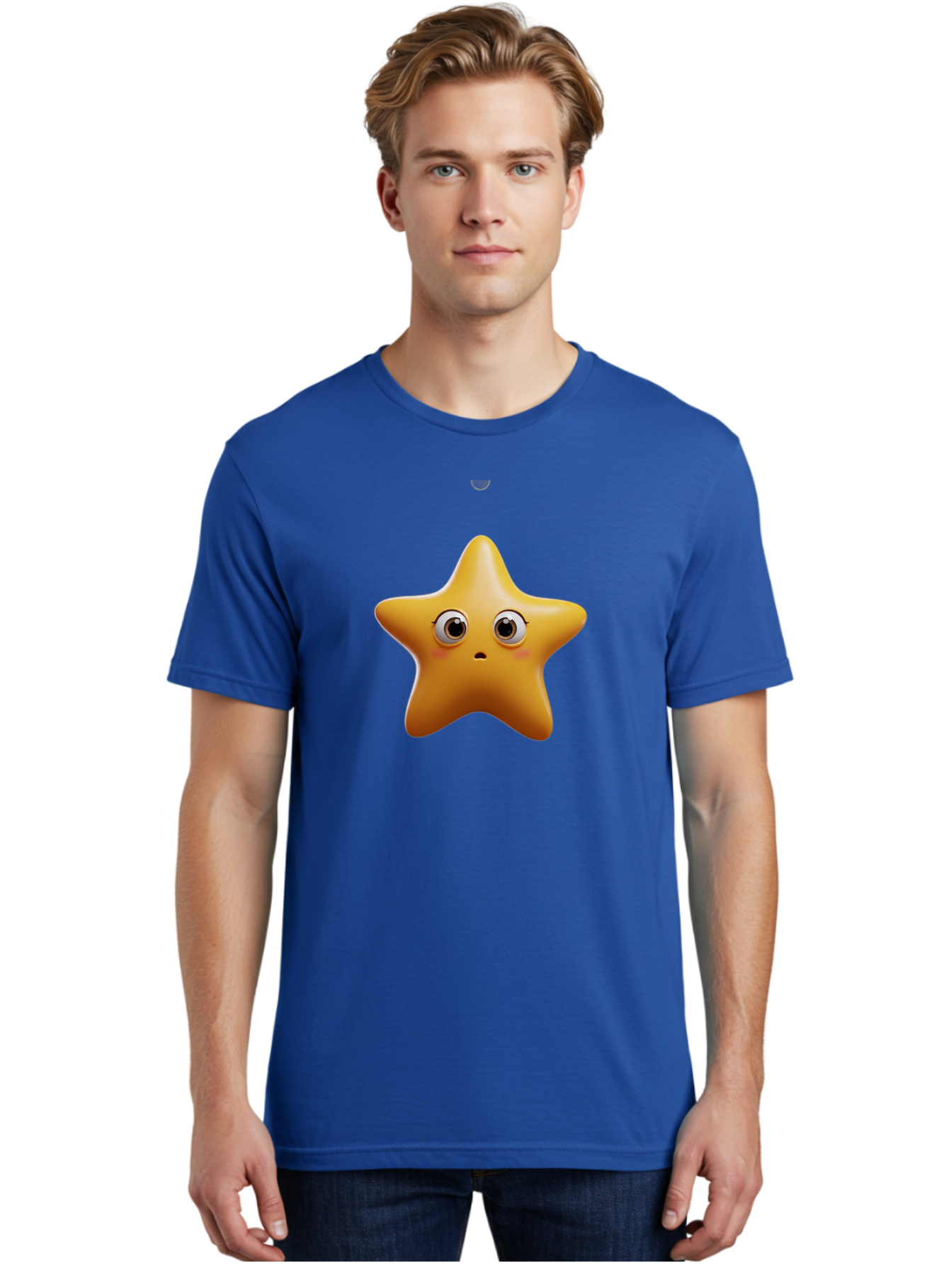 Star-Emoji Men'S Graphic Tee, 100% Cotton, Comfortable Casual Summer Wear, Machine Washable, Cartoon Star, Cute Expression, Surprised Face, Shiny Star, 3D Illustration, Yellow Star, Emoji Character, Surprised Emoji Bac451