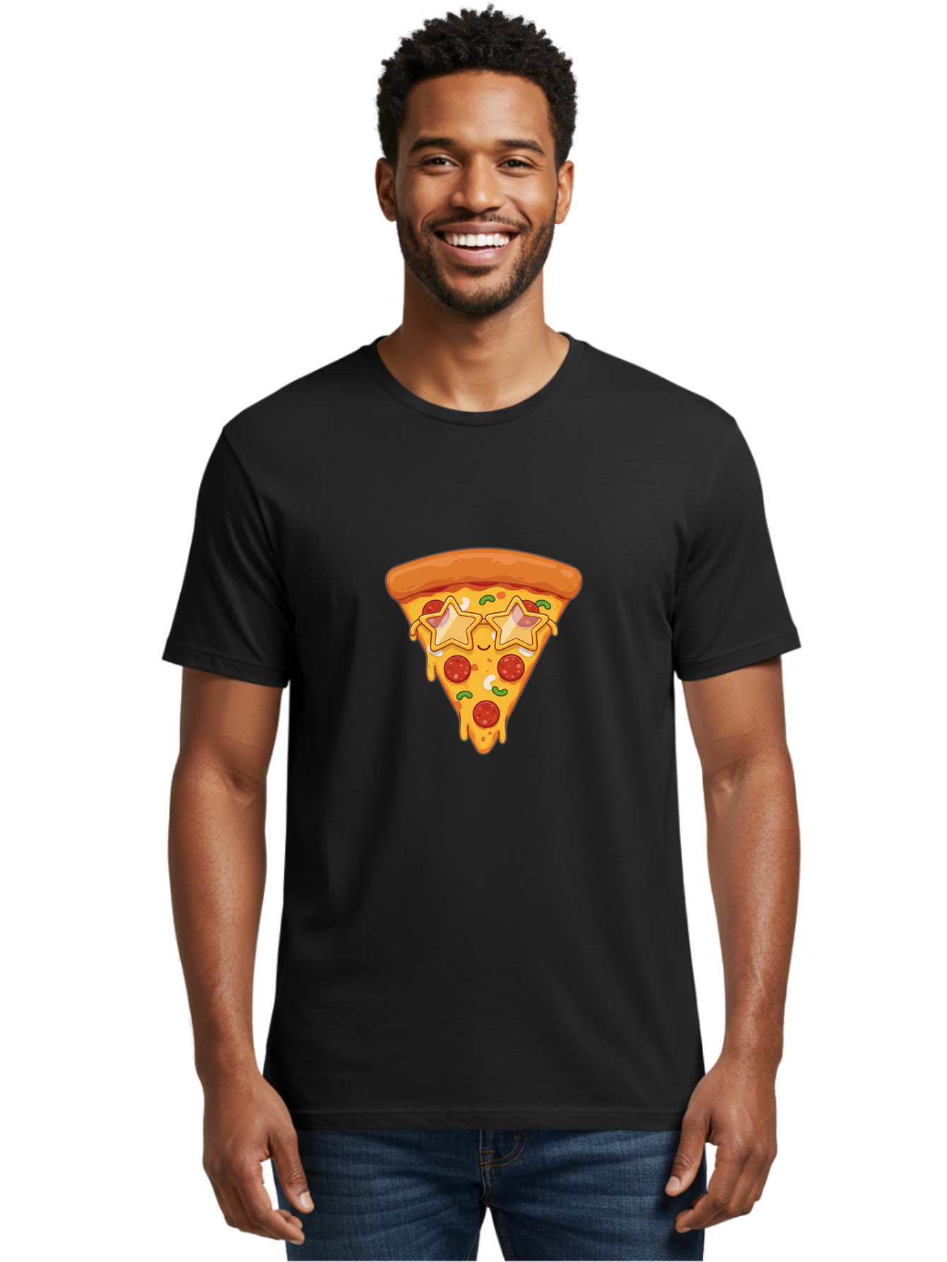Star-Pizza-Slice Men'S Graphic Tee, 100% Cotton, Comfortable Casual Summer Wear, Machine Washable, Pizza Slice, Melted Cheese, Pepperoni Pizza, Star-Shaped Toppings, Cartoon-Style Pizza, Cheesy Goodness, Savory Delight, Pizza Love, Foodie Fun, Bac452