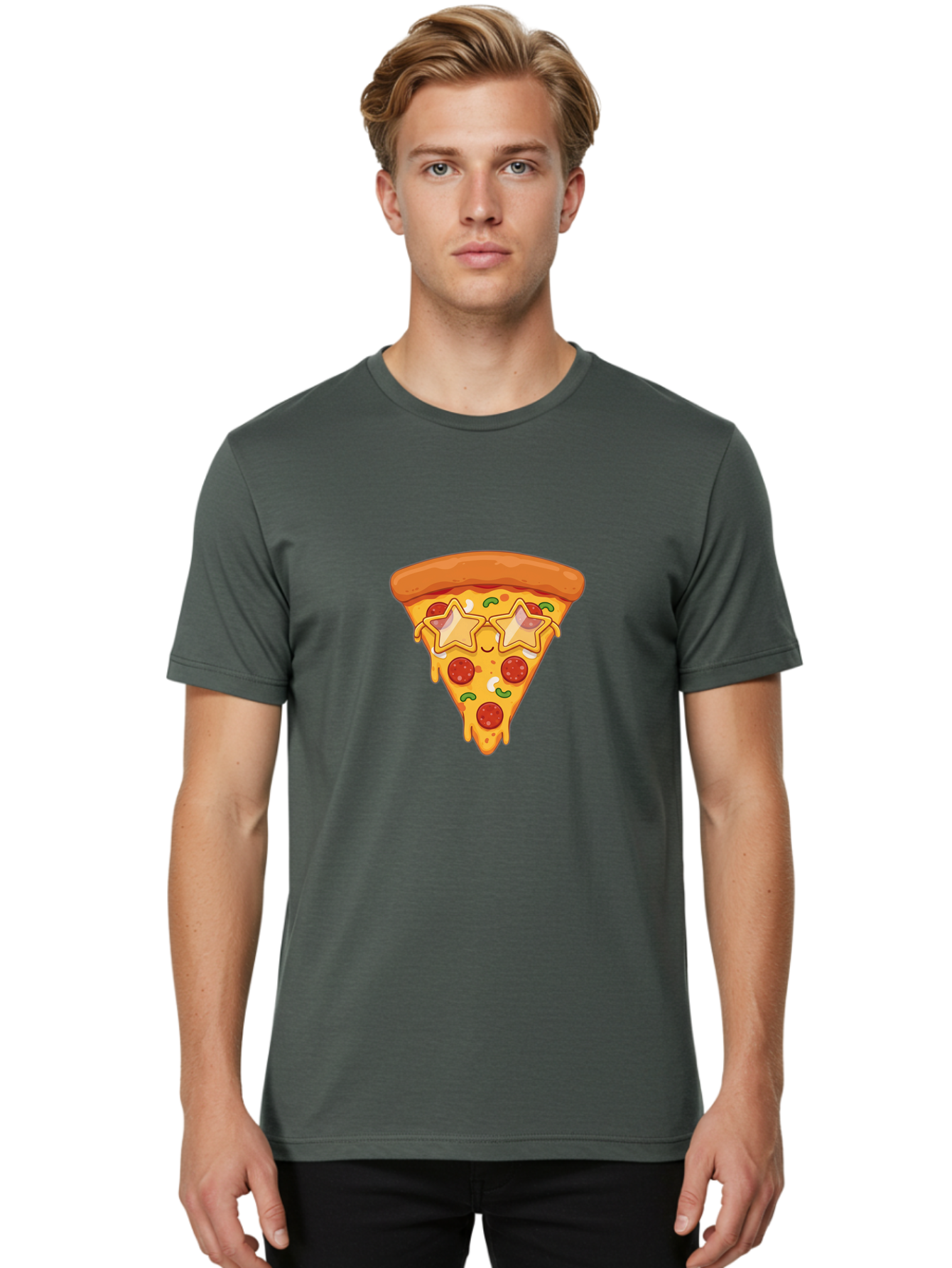 Star-Pizza-Slice Men'S Graphic Tee, 100% Cotton, Comfortable Casual Summer Wear, Machine Washable, Pizza Slice, Melted Cheese, Pepperoni Pizza, Star-Shaped Toppings, Cartoon-Style Pizza, Cheesy Goodness, Savory Delight, Pizza Love, Foodie Fun, Bac452