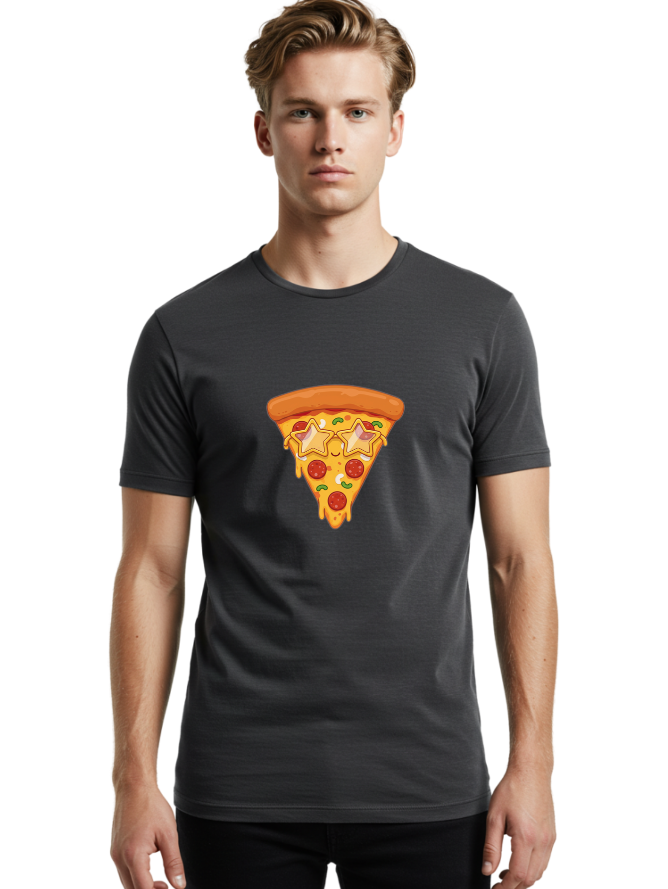 Star-Pizza-Slice Men'S Graphic Tee, 100% Cotton, Comfortable Casual Summer Wear, Machine Washable, Pizza Slice, Melted Cheese, Pepperoni Pizza, Star-Shaped Toppings, Cartoon-Style Pizza, Cheesy Goodness, Savory Delight, Pizza Love, Foodie Fun, Bac452