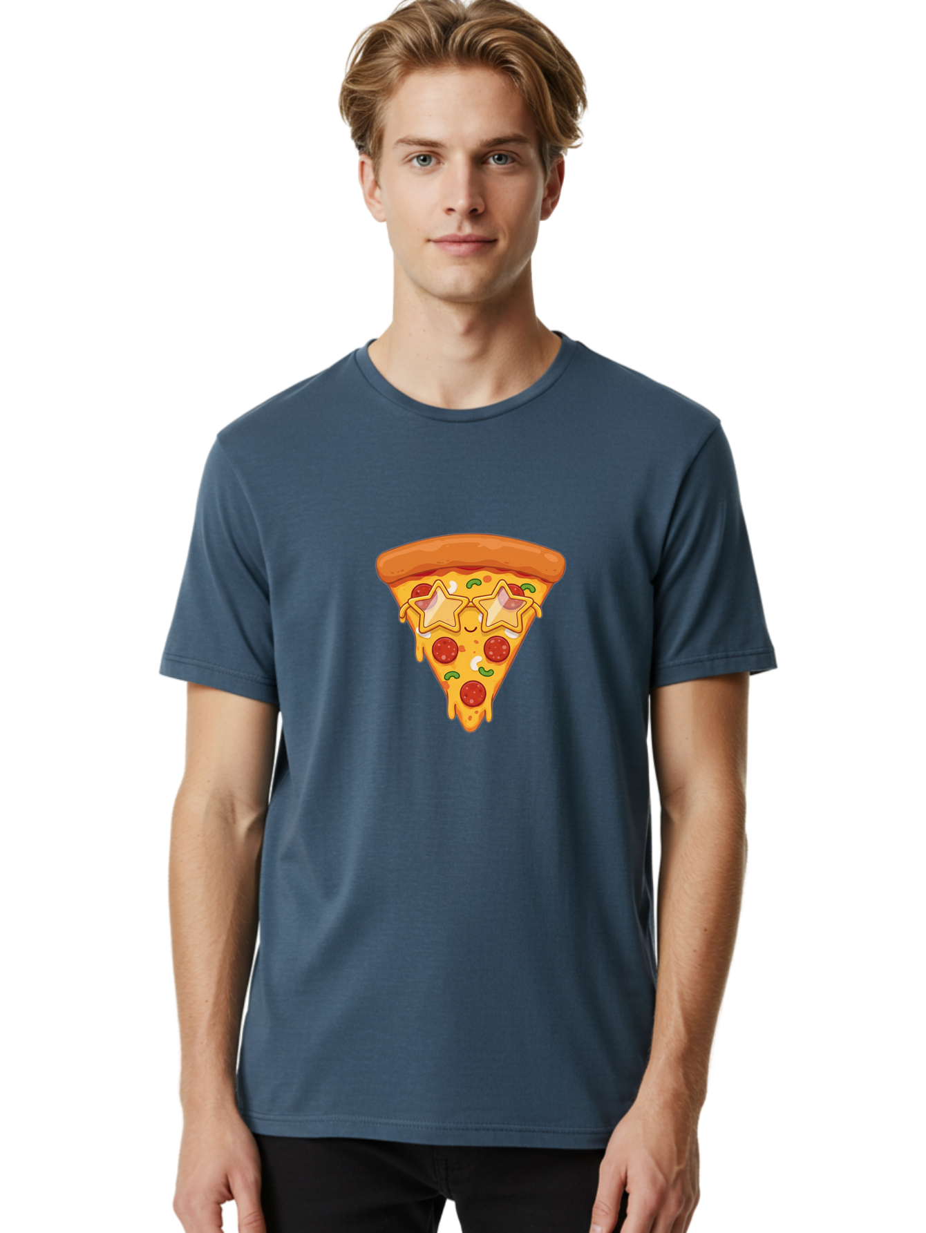 Star-Pizza-Slice Men'S Graphic Tee, 100% Cotton, Comfortable Casual Summer Wear, Machine Washable, Pizza Slice, Melted Cheese, Pepperoni Pizza, Star-Shaped Toppings, Cartoon-Style Pizza, Cheesy Goodness, Savory Delight, Pizza Love, Foodie Fun, Bac452