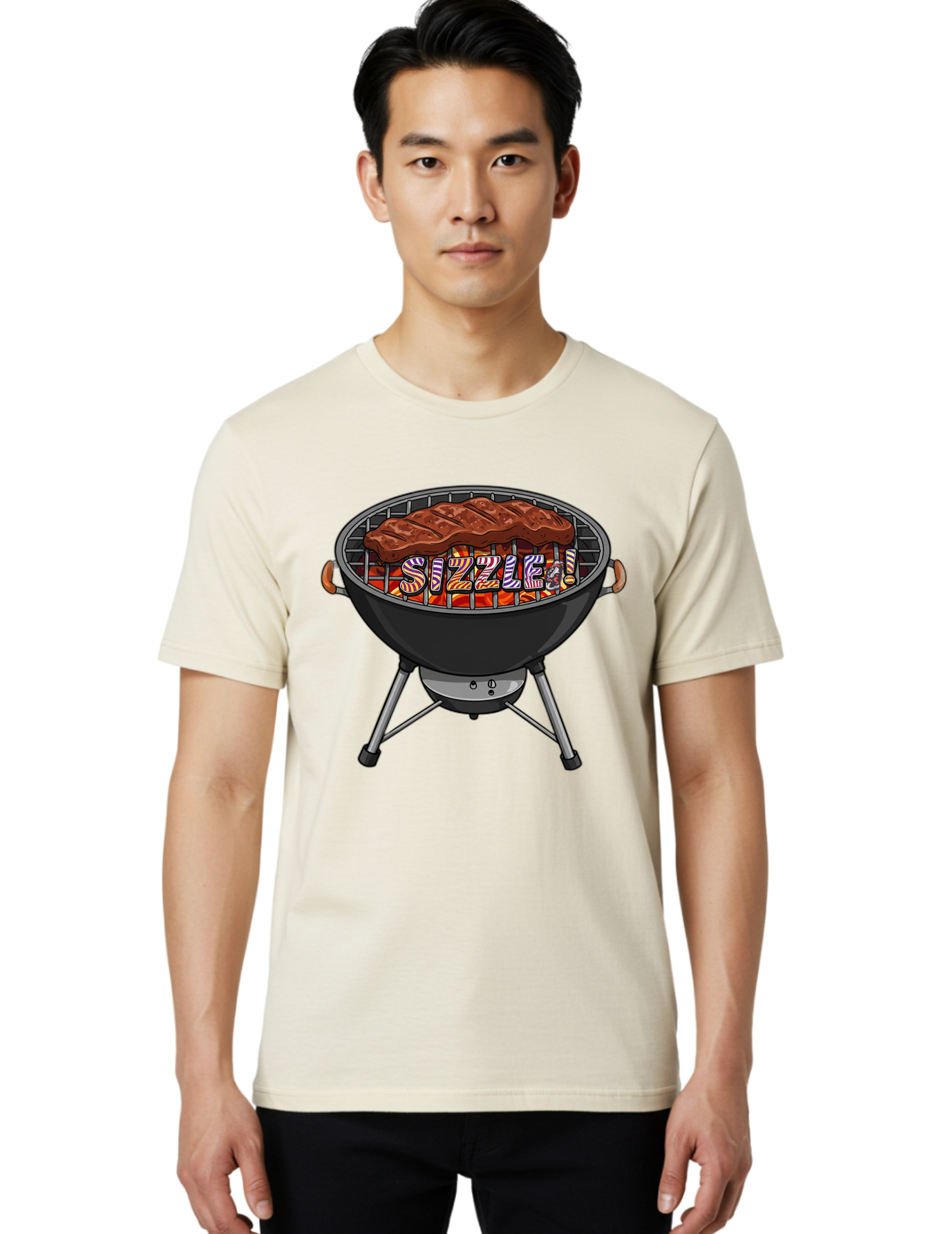 Steak-On-The-Grill Men'S Graphic Tee, 100% Cotton, Comfortable Casual Summer Wear, Machine Washable, Grilled Steak, Sizzling Grill, Barbecue Cooking, Outdoor Cooking, Grill Marks, Savory Steak, Hot Coals, Grilled Meat Bac453