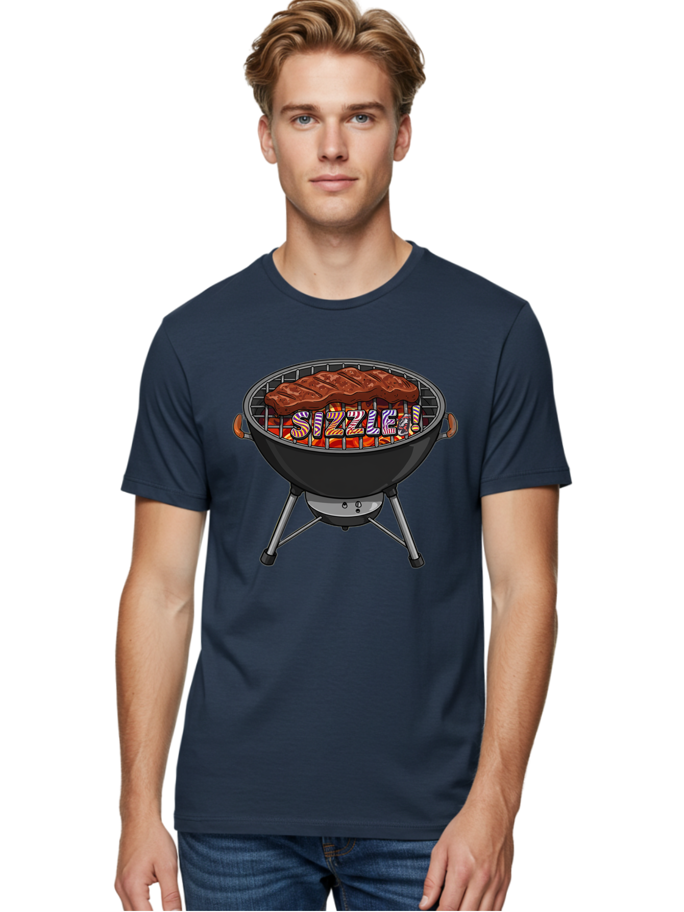 Steak-On-The-Grill Men'S Graphic Tee, 100% Cotton, Comfortable Casual Summer Wear, Machine Washable, Grilled Steak, Sizzling Grill, Barbecue Cooking, Outdoor Cooking, Grill Marks, Savory Steak, Hot Coals, Grilled Meat Bac453