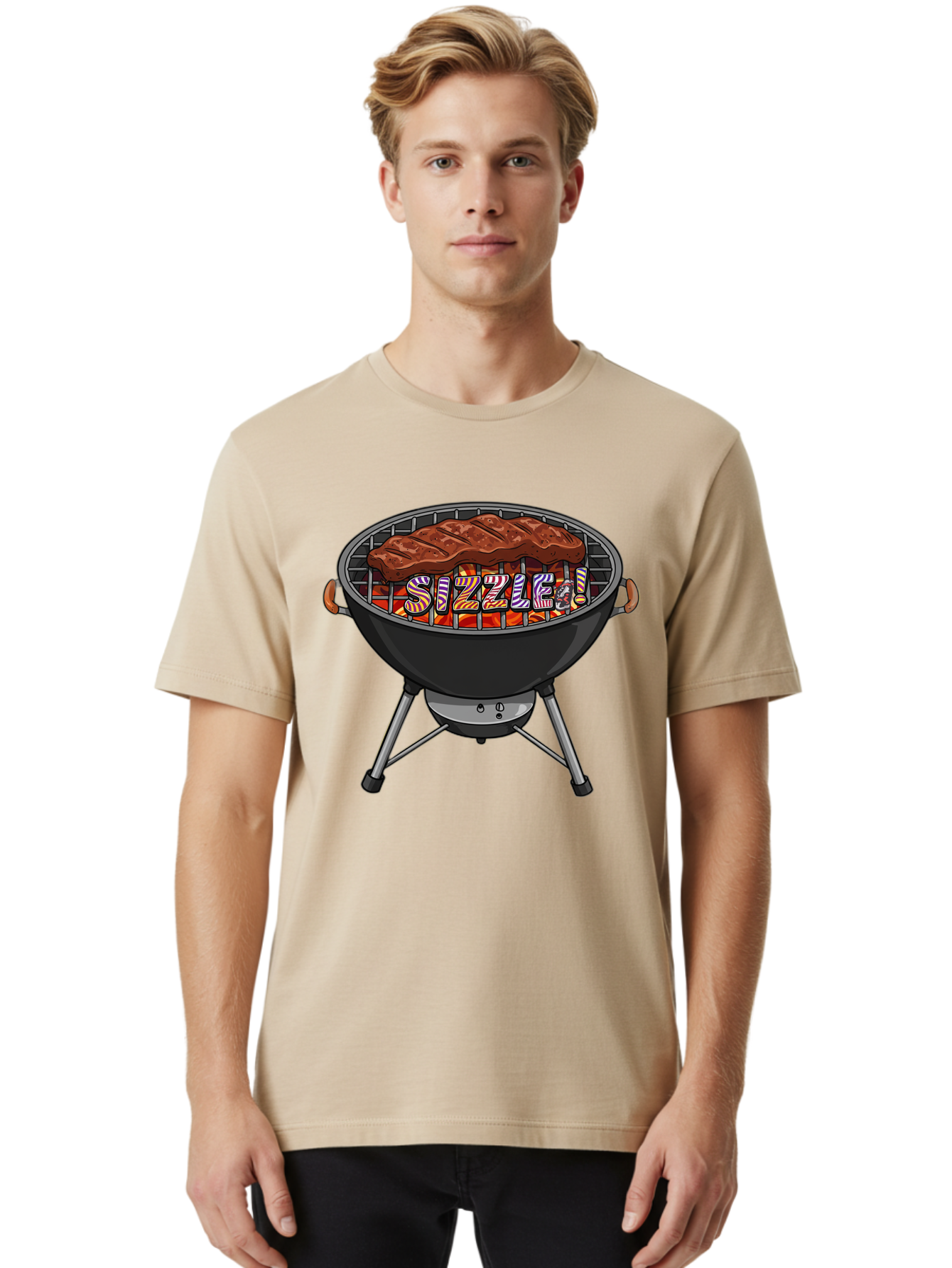 Steak-On-The-Grill Men'S Graphic Tee, 100% Cotton, Comfortable Casual Summer Wear, Machine Washable, Grilled Steak, Sizzling Grill, Barbecue Cooking, Outdoor Cooking, Grill Marks, Savory Steak, Hot Coals, Grilled Meat Bac453
