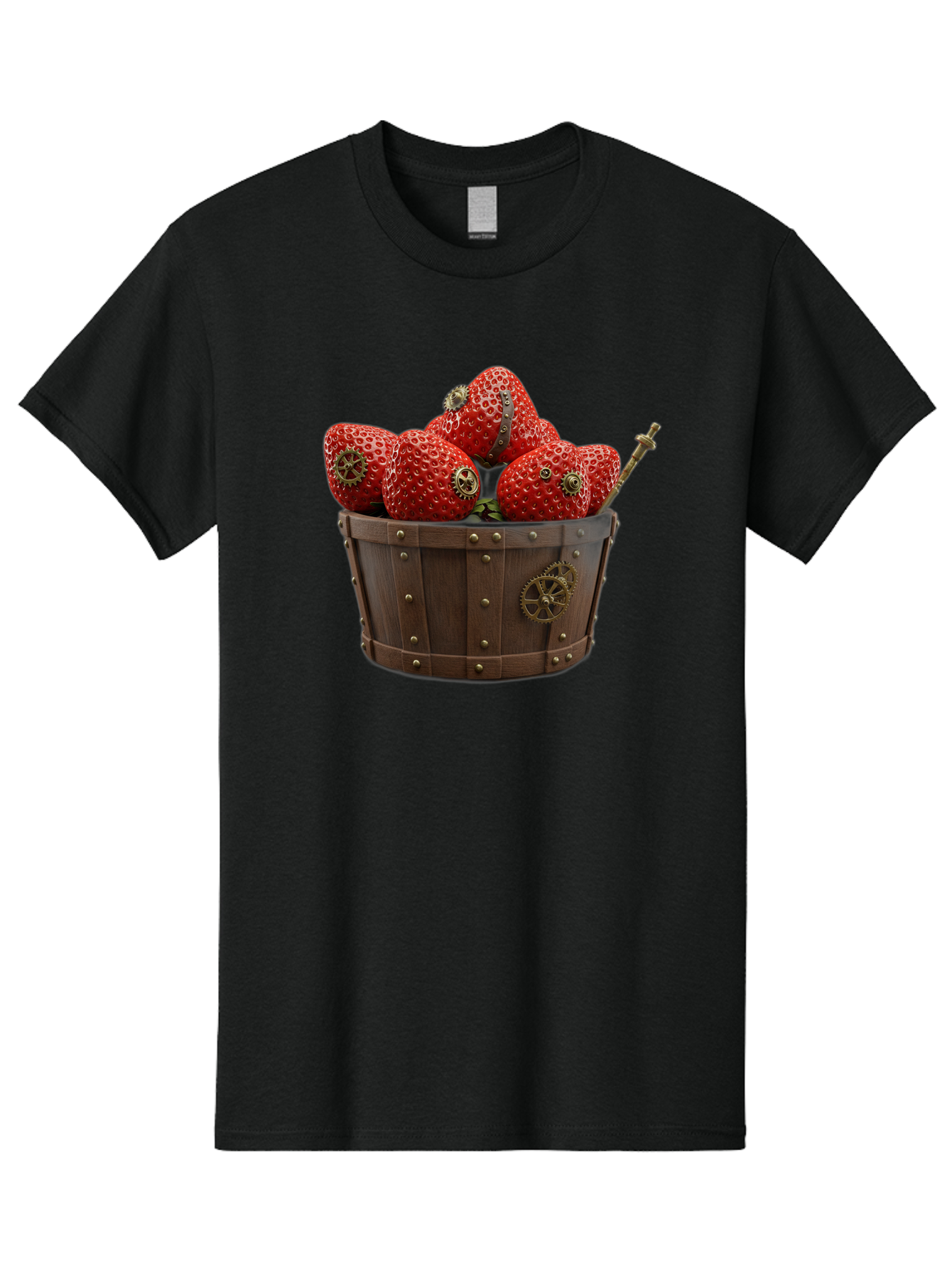Steampunk-Strawberries Men'S Graphic Tee, 100% Cotton, Comfortable Casual Summer Wear, Machine Washable, Steampunk Strawberries, Mechanical Fruit, Wooden Basket, Gear Embellishments, Industrial Design, Vintage Aesthetic, Creative Concept, Bac455