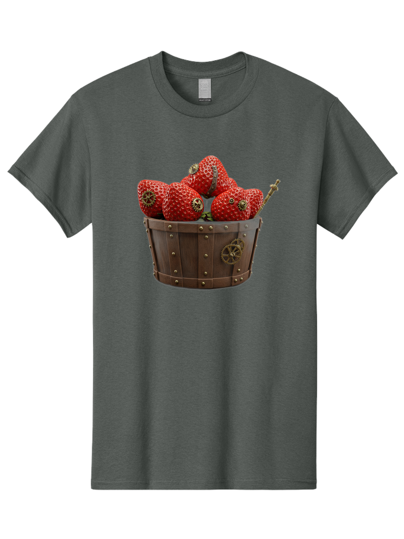 Steampunk-Strawberries Men'S Graphic Tee, 100% Cotton, Comfortable Casual Summer Wear, Machine Washable, Steampunk Strawberries, Mechanical Fruit, Wooden Basket, Gear Embellishments, Industrial Design, Vintage Aesthetic, Creative Concept, Bac455