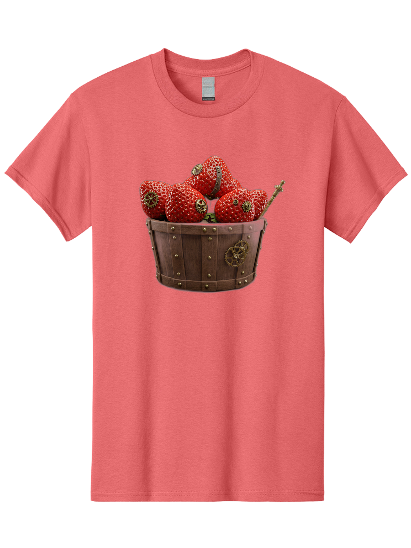 Steampunk-Strawberries Men'S Graphic Tee, 100% Cotton, Comfortable Casual Summer Wear, Machine Washable, Steampunk Strawberries, Mechanical Fruit, Wooden Basket, Gear Embellishments, Industrial Design, Vintage Aesthetic, Creative Concept, Bac455
