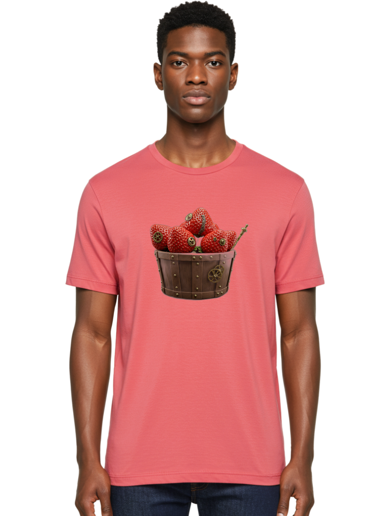 Steampunk-Strawberries Men'S Graphic Tee, 100% Cotton, Comfortable Casual Summer Wear, Machine Washable, Steampunk Strawberries, Mechanical Fruit, Wooden Basket, Gear Embellishments, Industrial Design, Vintage Aesthetic, Creative Concept, Bac455
